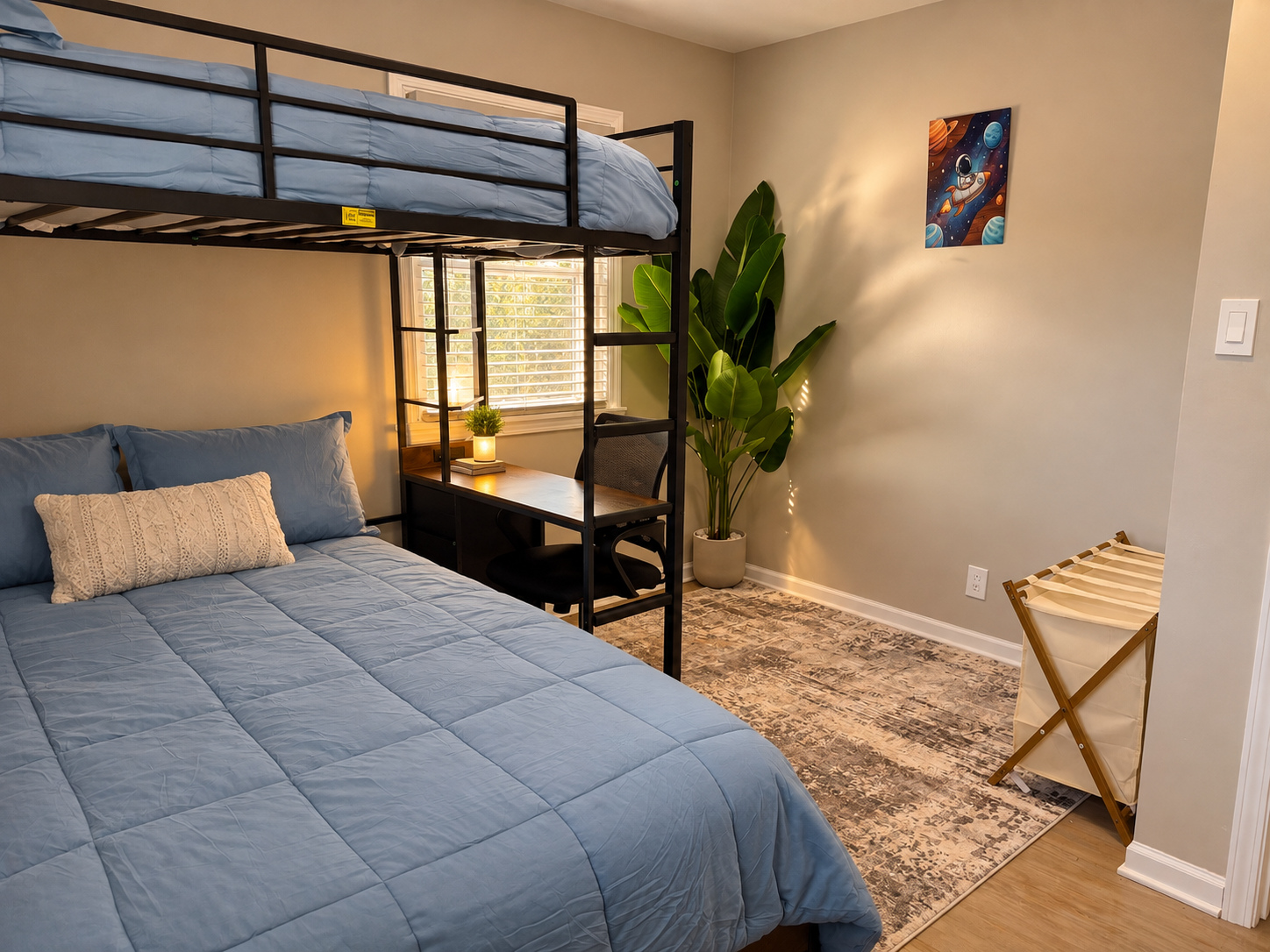 Family-friendly bunk room with workspace and warm, modern style