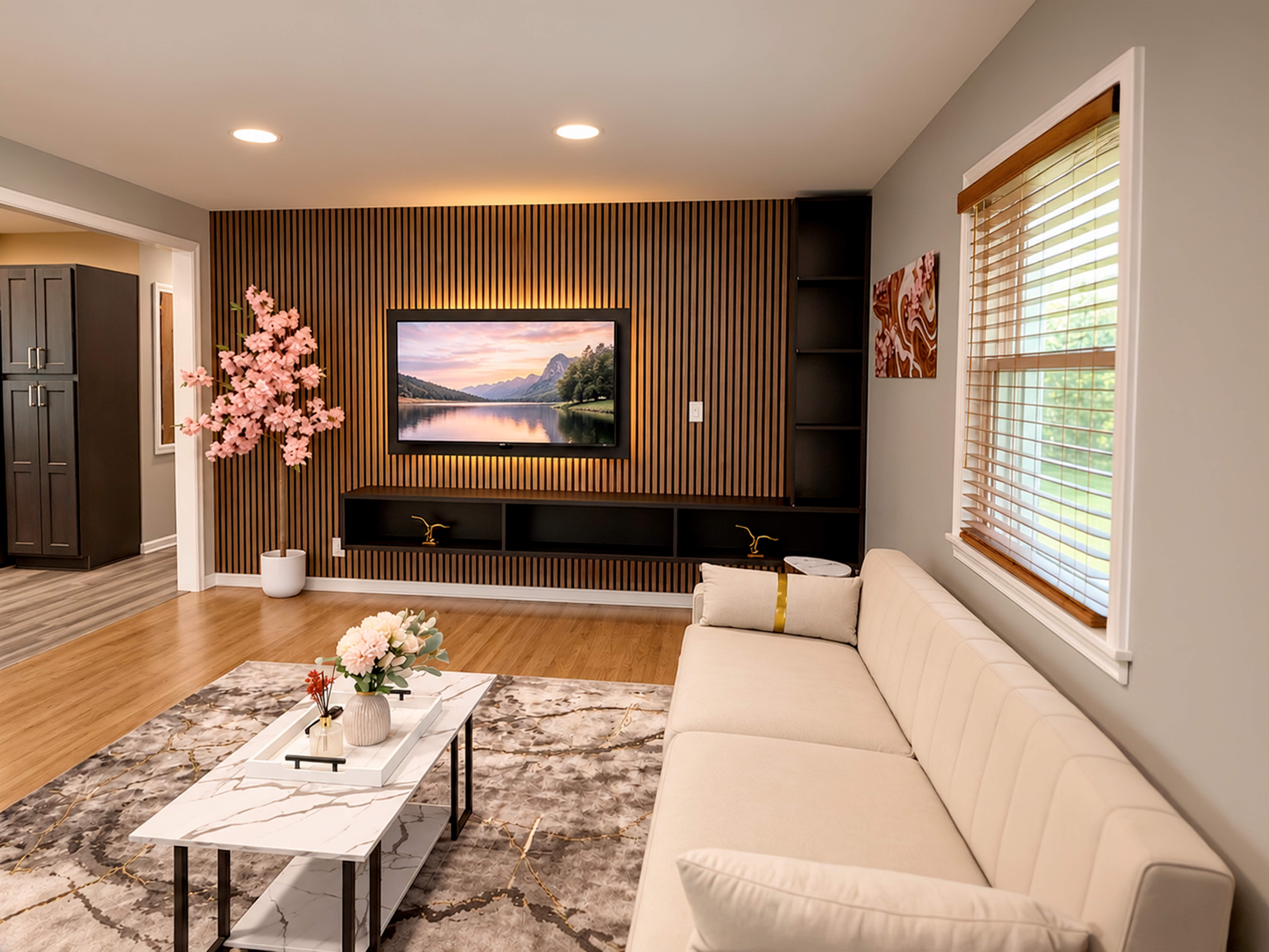 Modern living room with designer accent wall and bright natural light