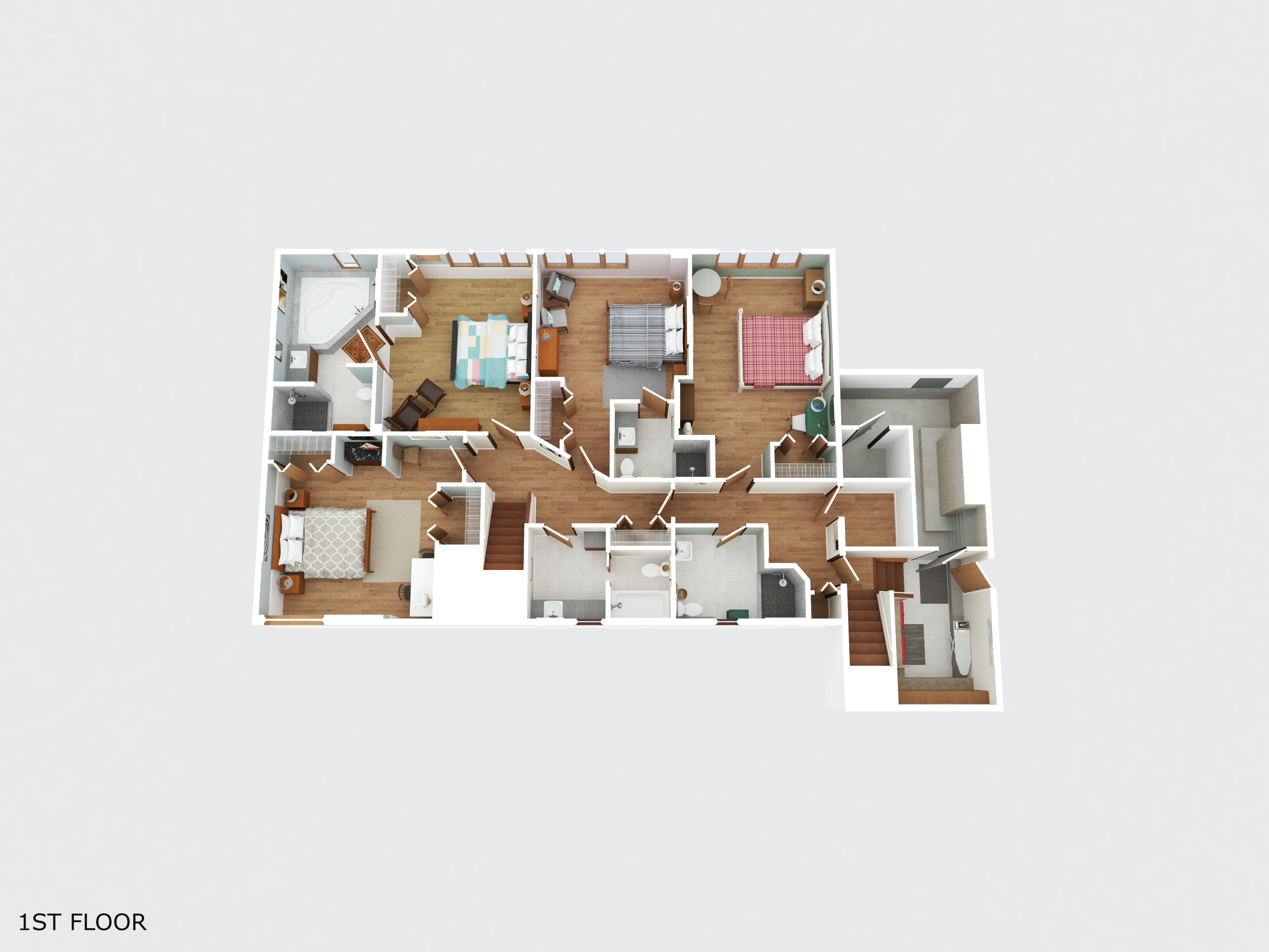 Spacious first-floor layout with multiple bedrooms and baths