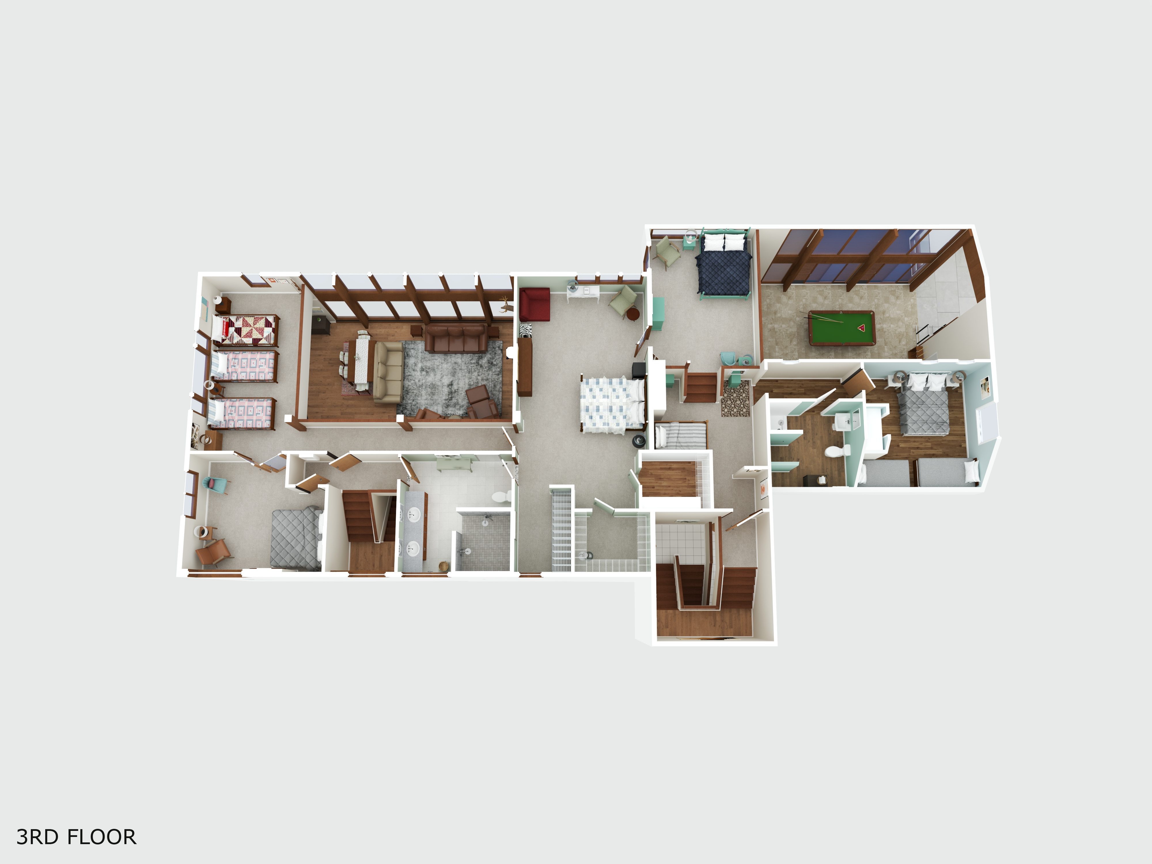 Spacious 3rd floor with multiple bedrooms, lounge, and pool table