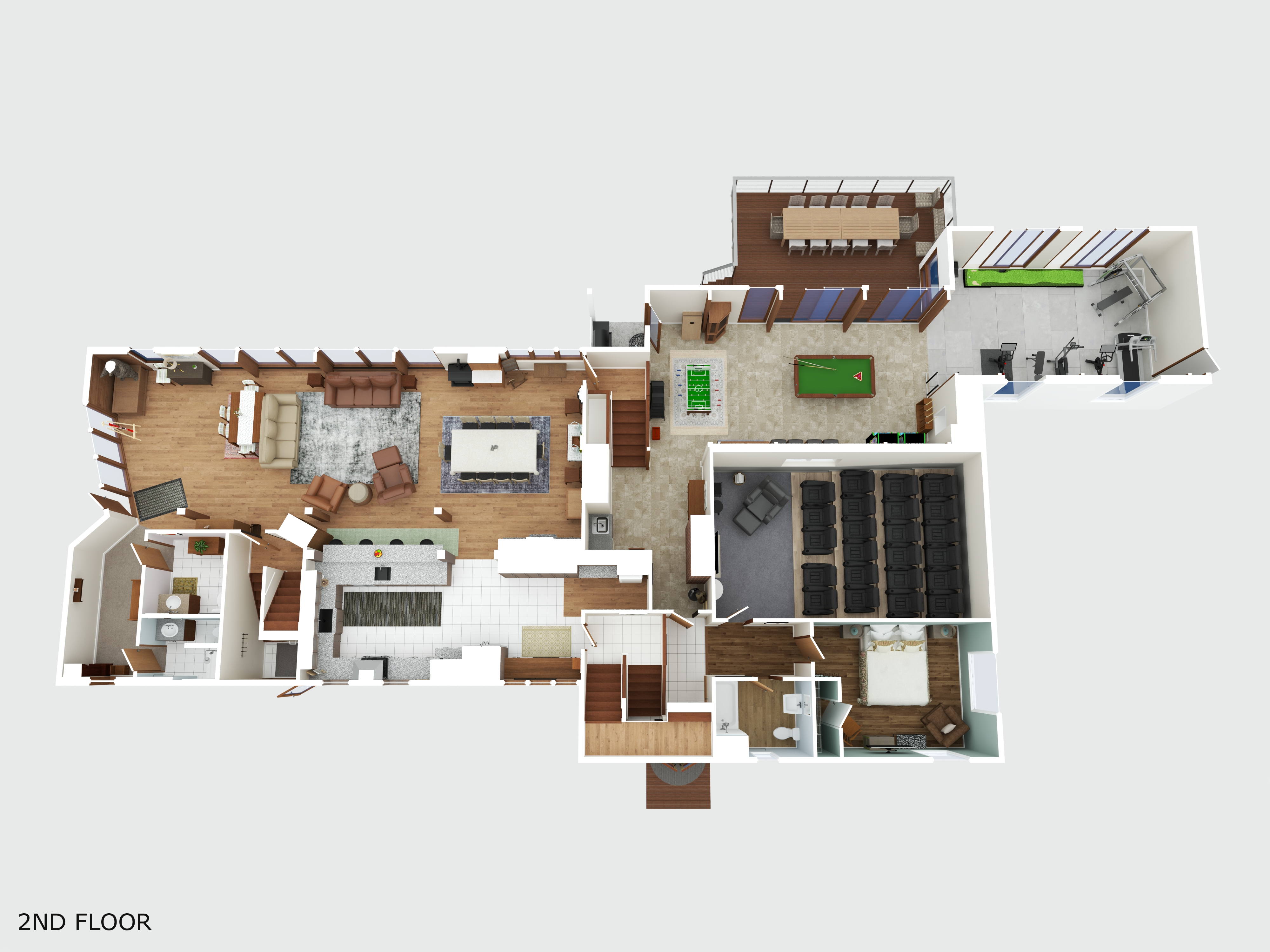 Entertainment-packed 2nd floor with theater, games, gym & deck