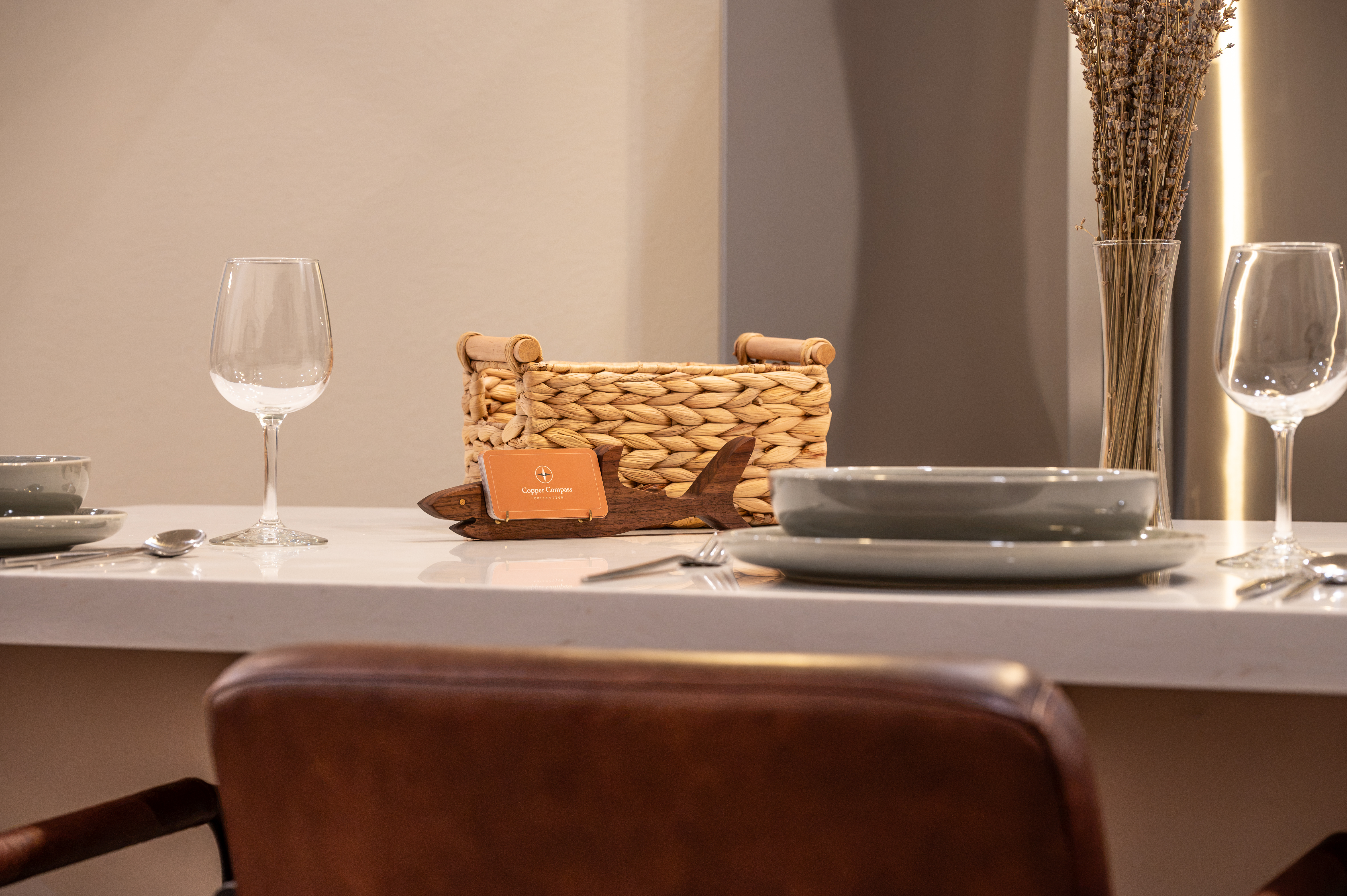 Warm, stylish dining nook with elegant table setting
