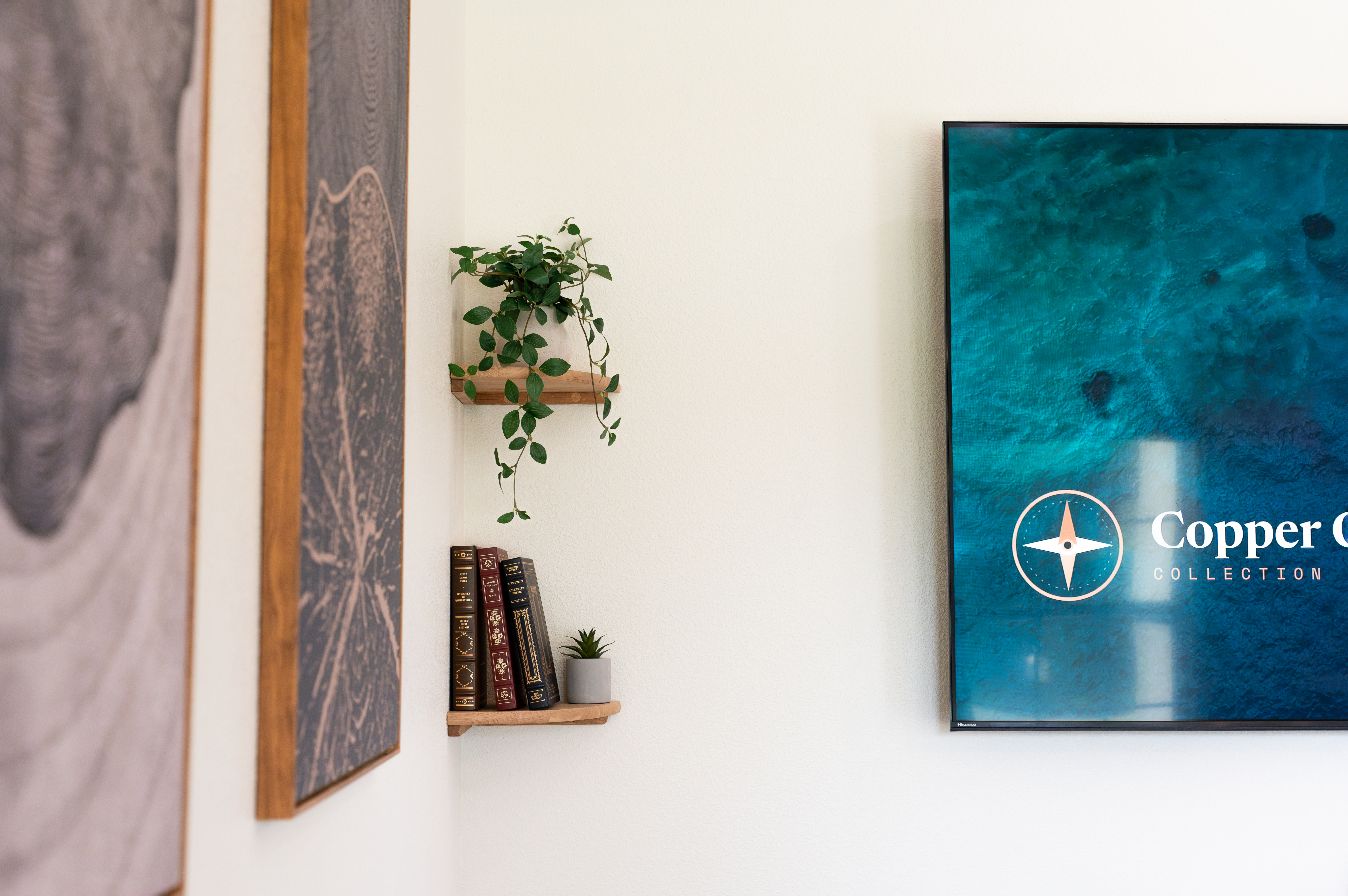 Stylish wall decor with floating shelves, art, and greenery