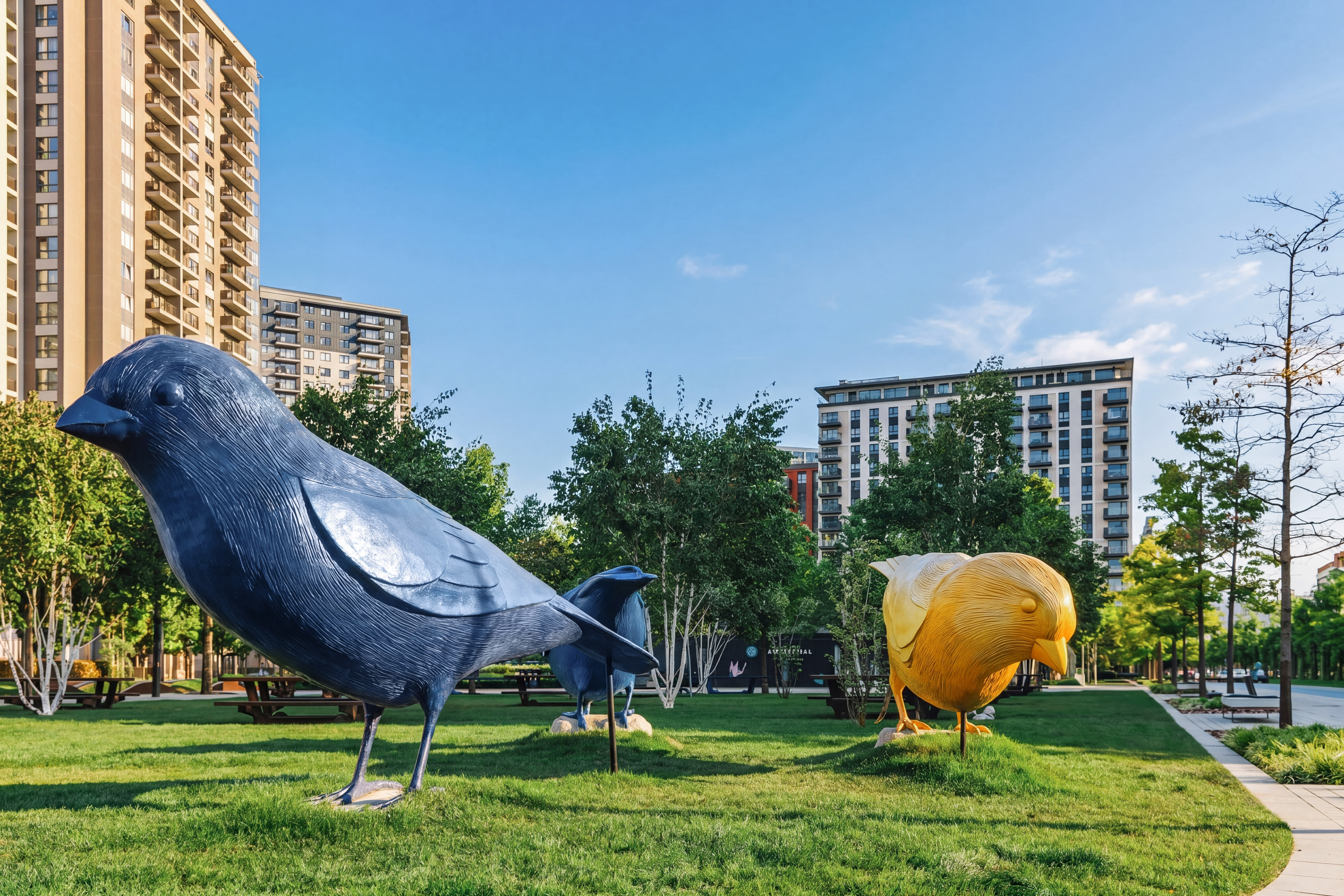 Art-filled city park with green space, walking paths, and modern skyline views