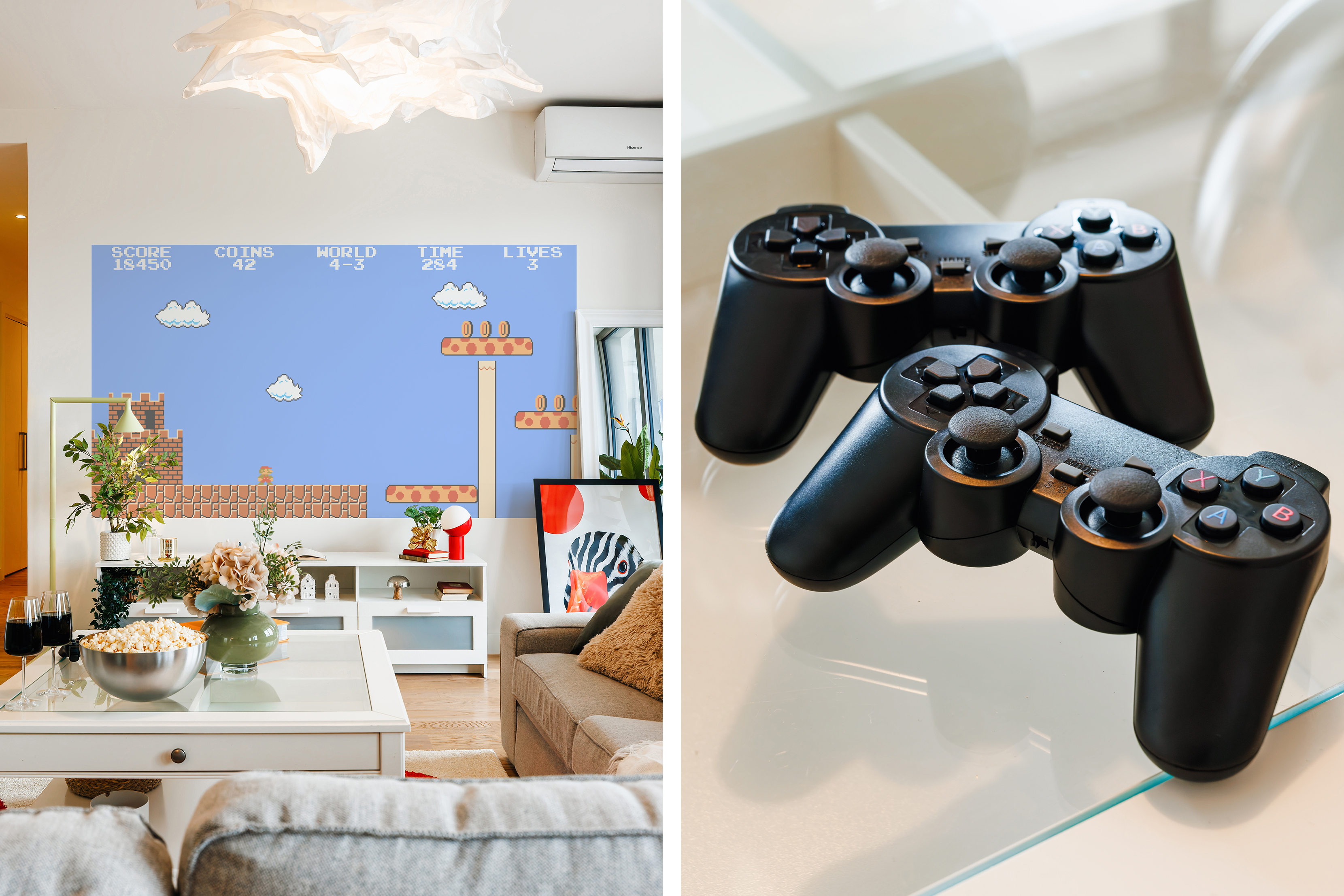 Retro gaming lounge with cozy seating and fun entertainment setup