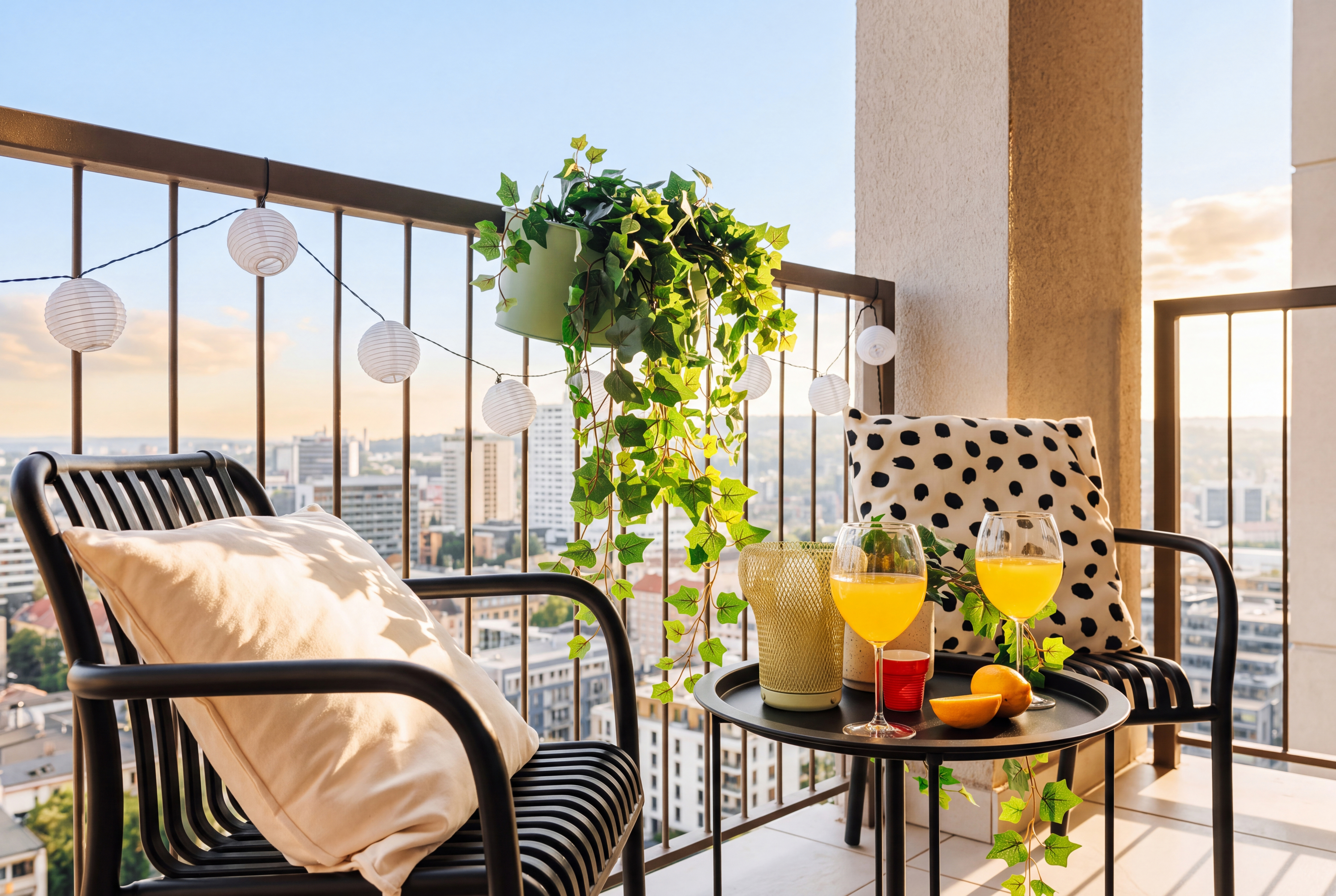 Sunset city-view balcony with cozy seating and drinks for two