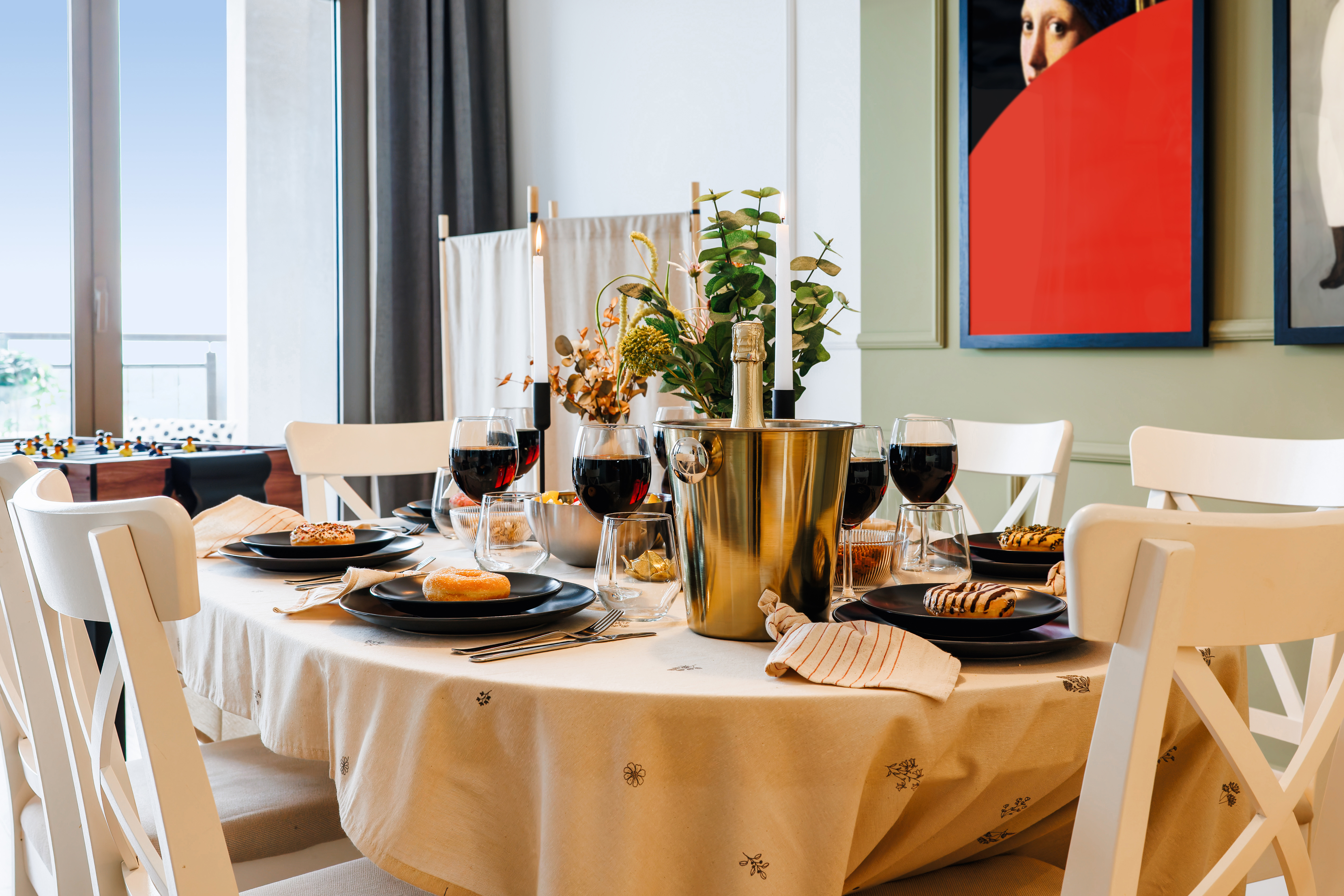 Elegant sunlit dining area set for wine, meals, and special moments