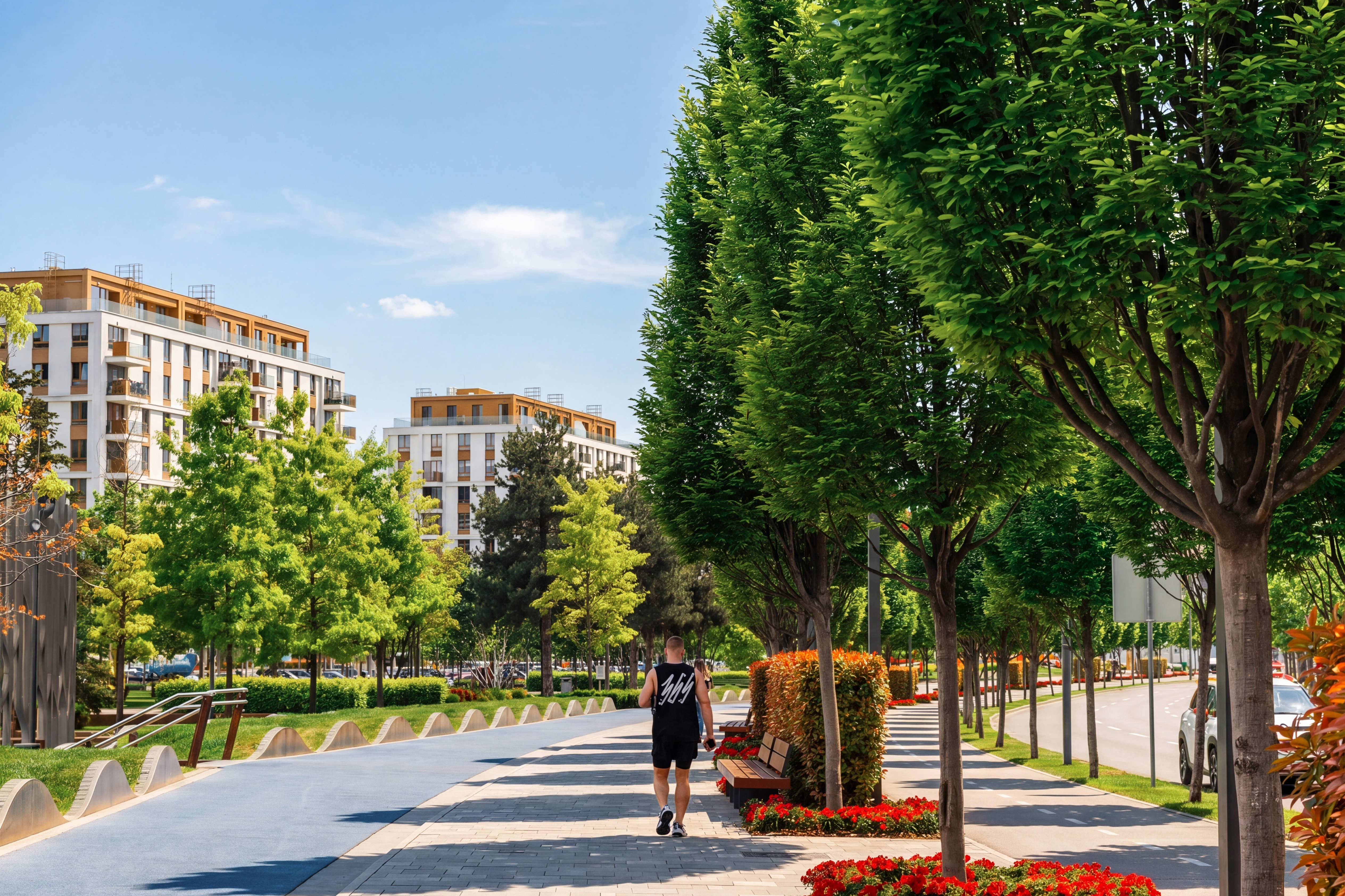 Leafy, landscaped promenade in a modern, walkable neighborhood