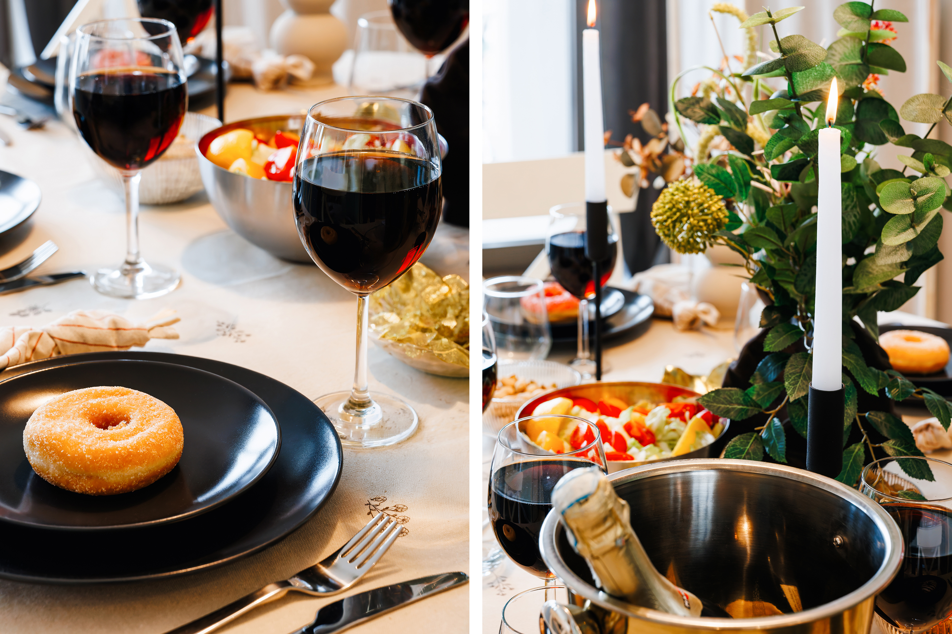 Elegant candlelit dining setup with wine and stylish table decor