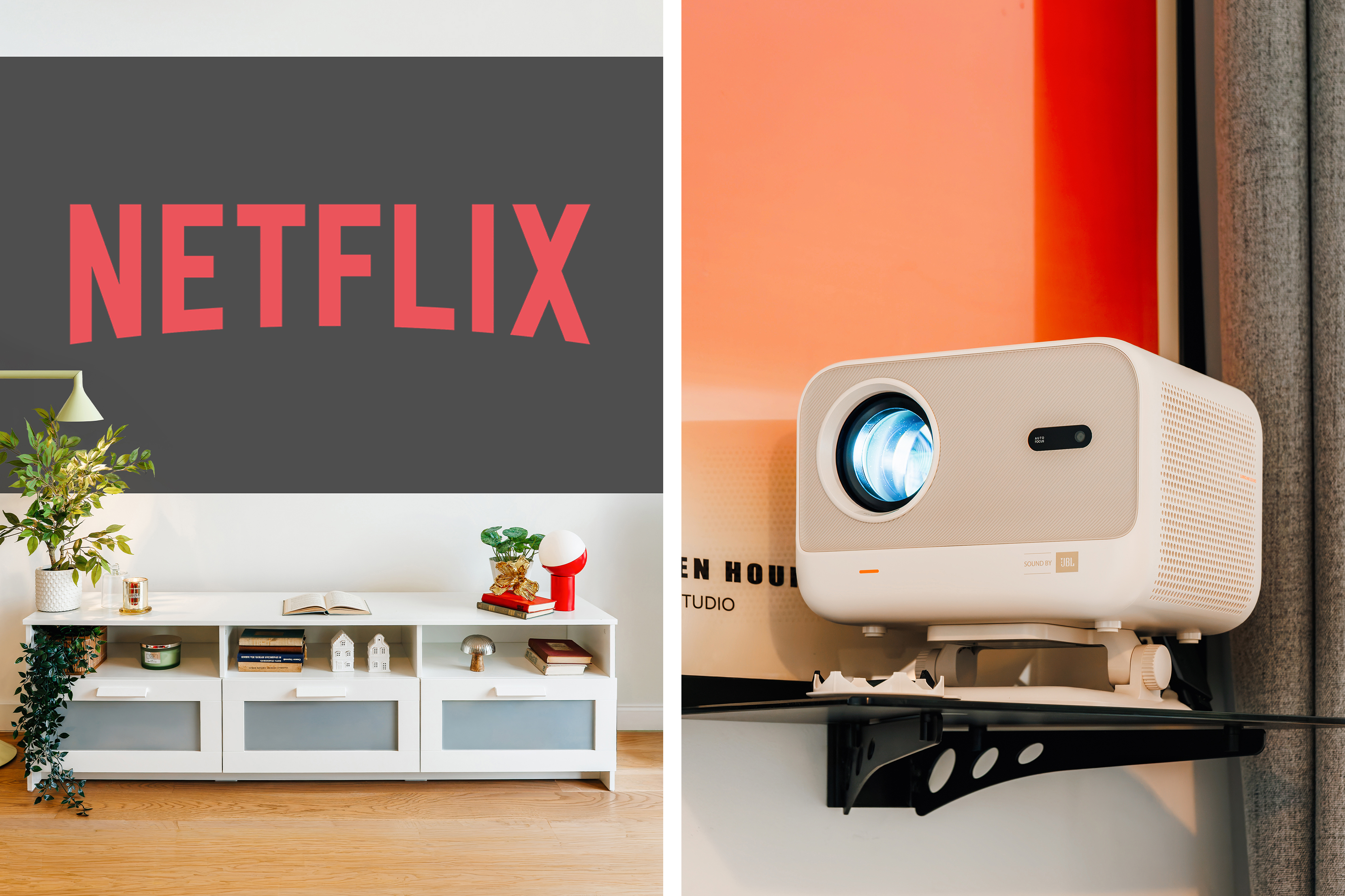 Cozy home theater setup with projector and Netflix-ready viewing