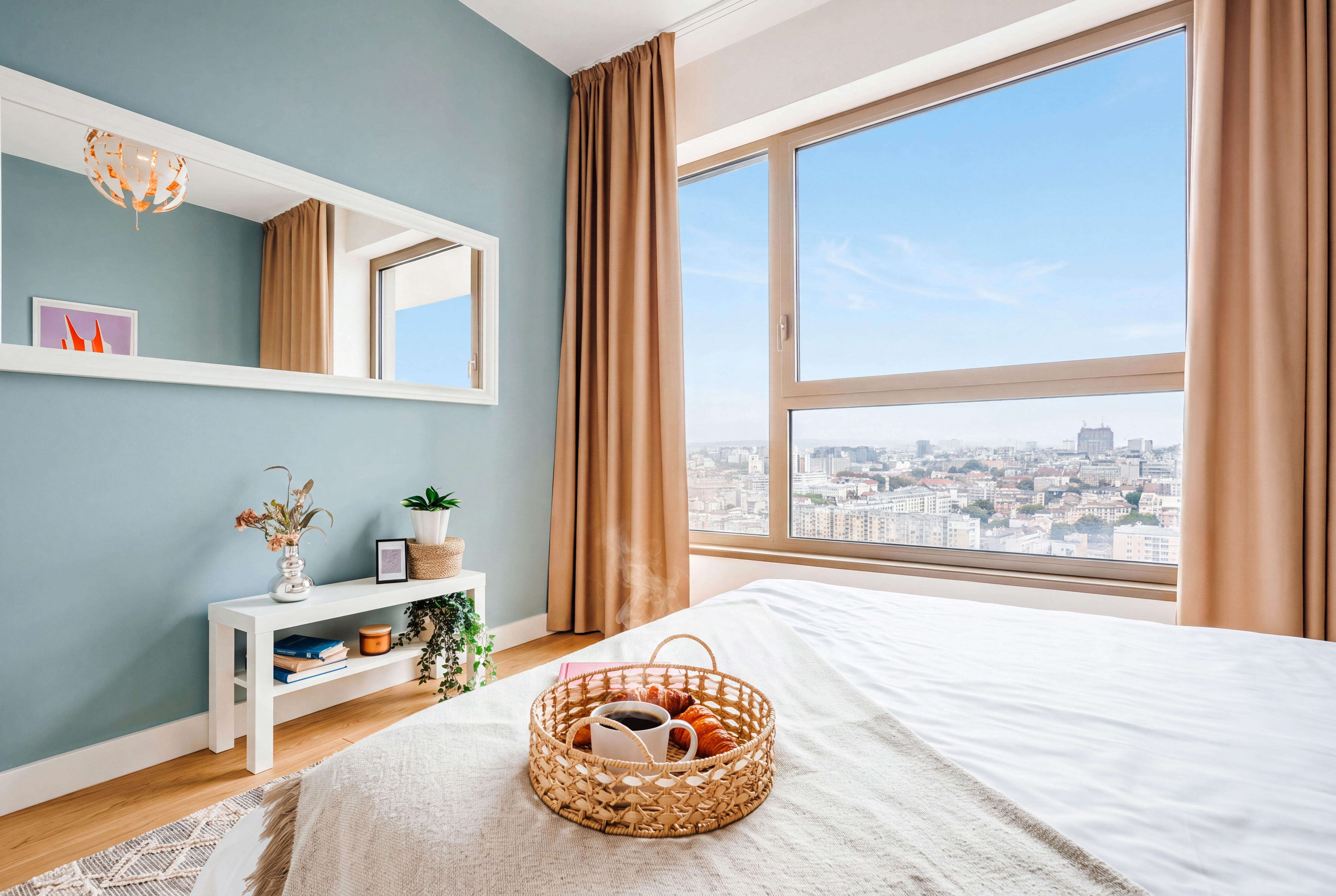 Bright bedroom with panoramic city views and a cozy, modern feel