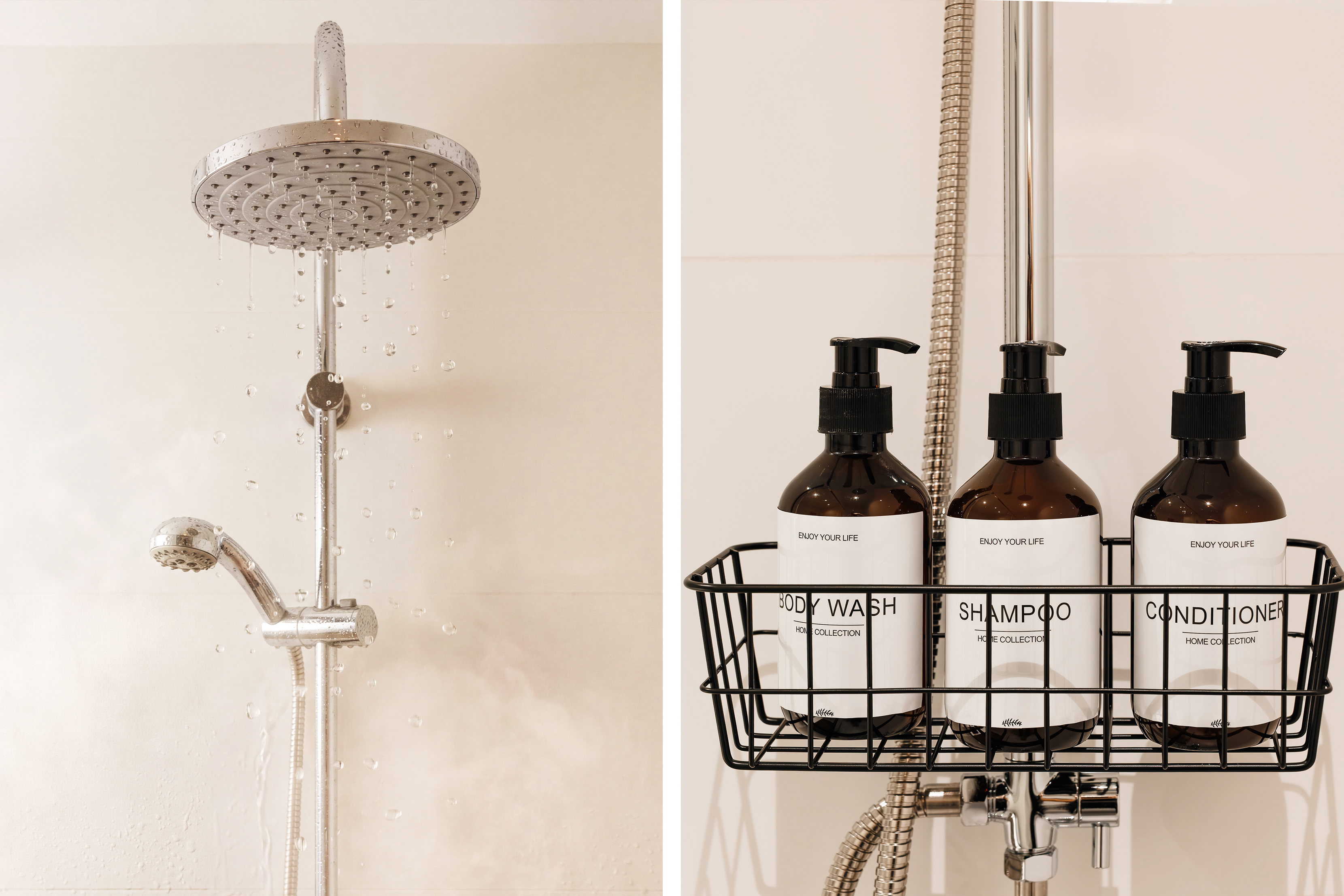 Modern rainfall shower with premium toiletries and spa-like touches