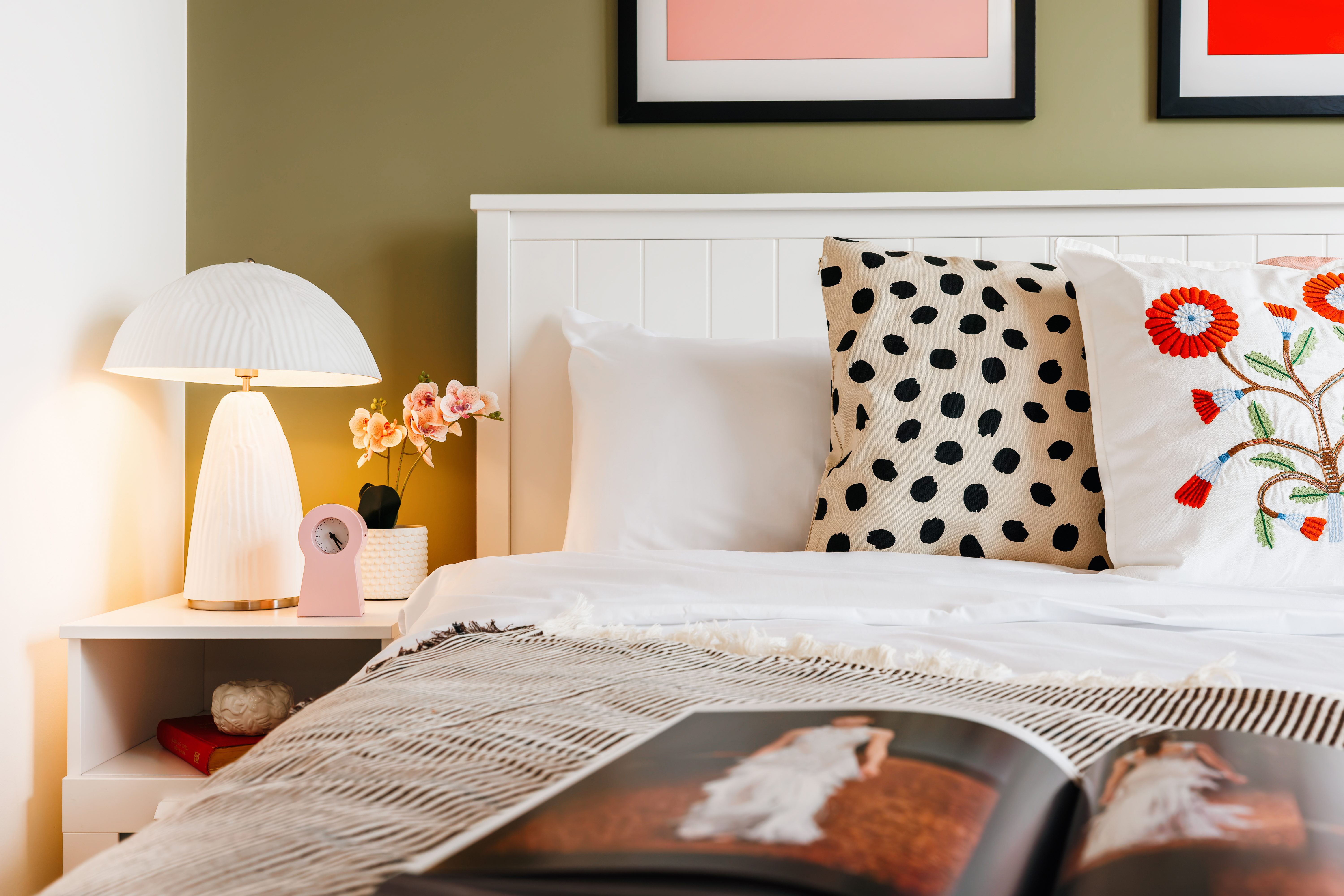 Bright, stylish bedroom with cozy accents and inviting modern decor