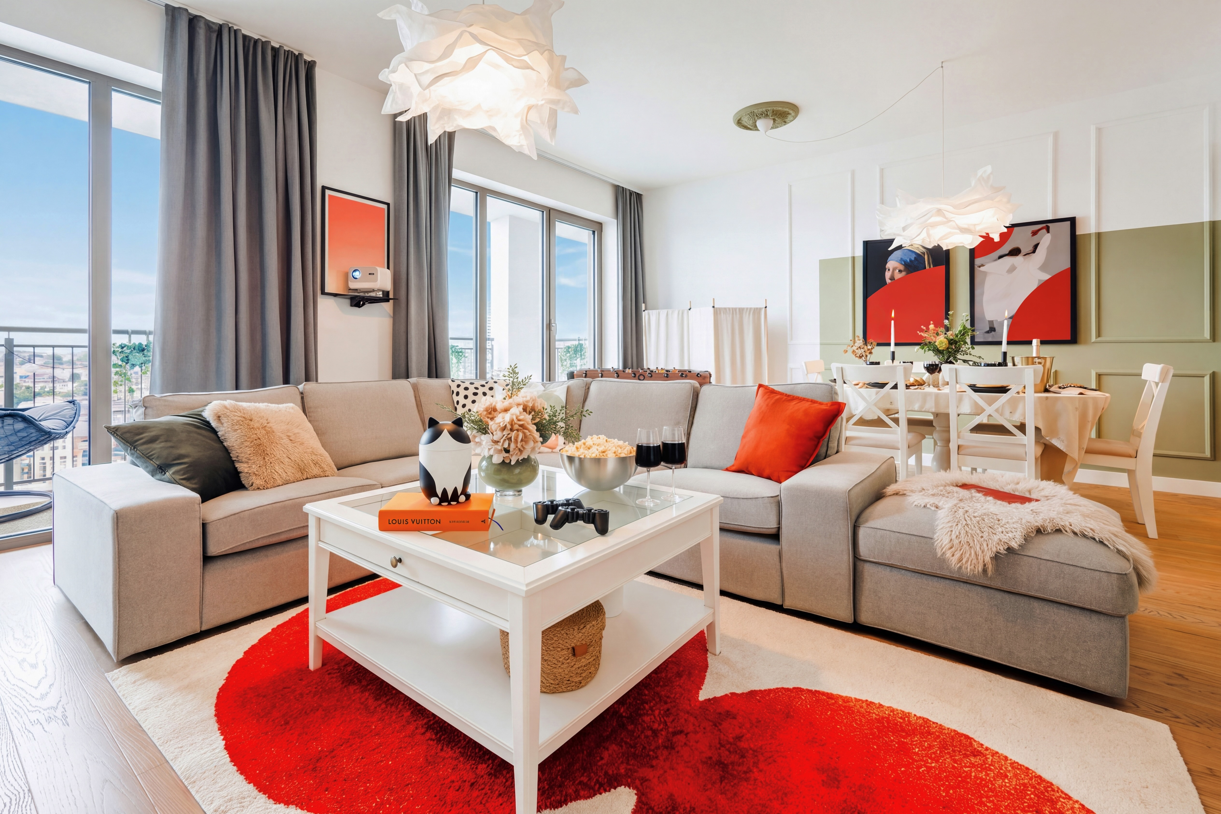 Bright modern lounge with city views, balcony, and chic designer touches