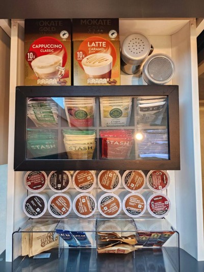 Pods, teas and drip coffee, stocked