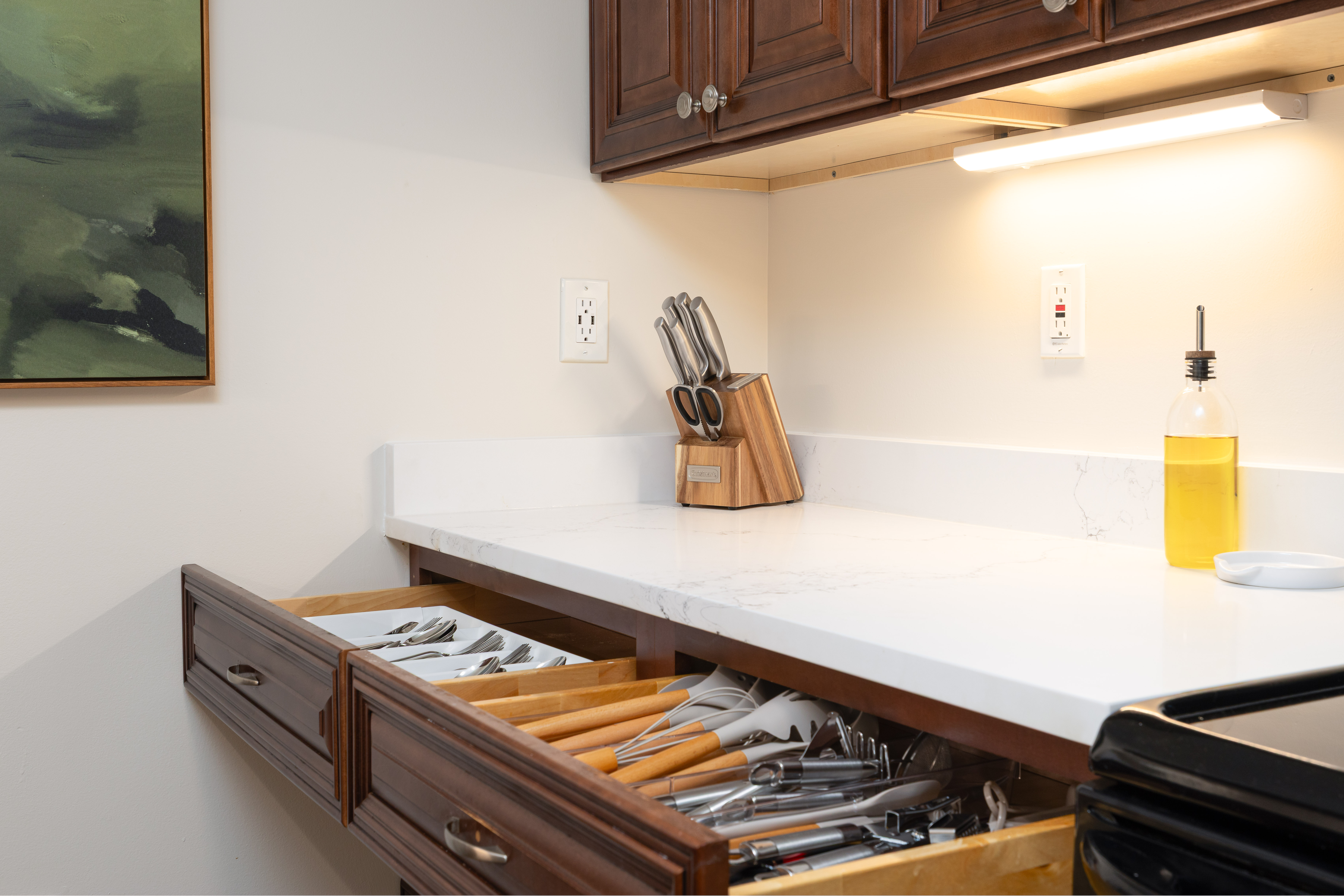 Garden House knife block, cooking oil and a full drawer of utensils