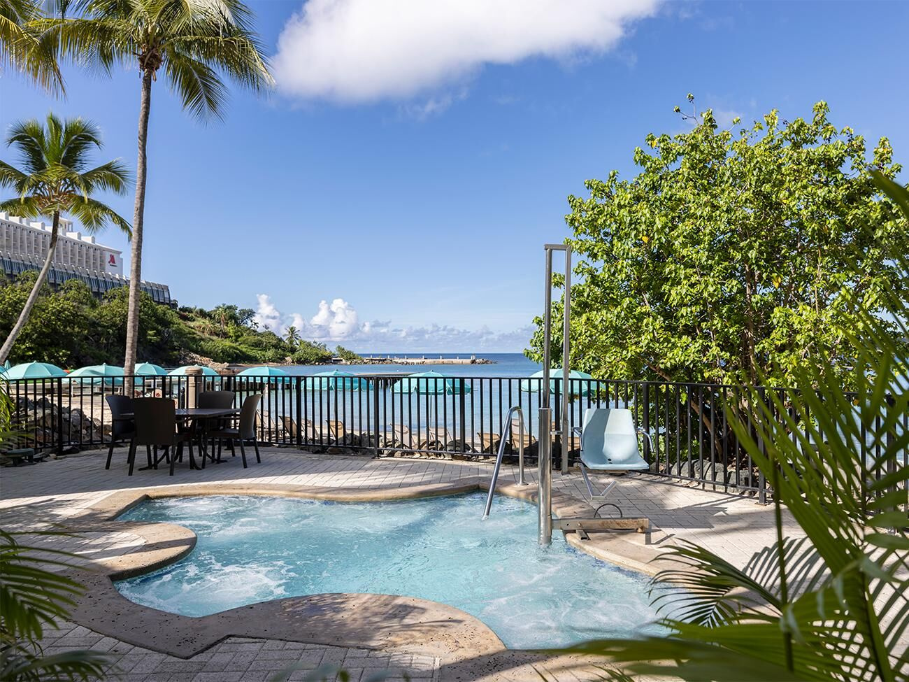 Tropical waterfront hot tub with palm trees and relaxing resort views