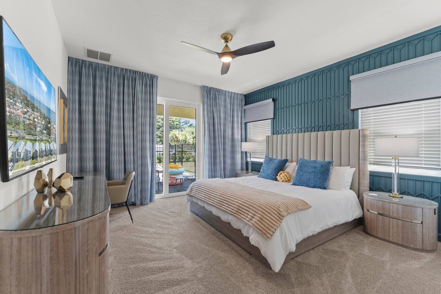 Bright king bedroom with private balcony and stylish designer details