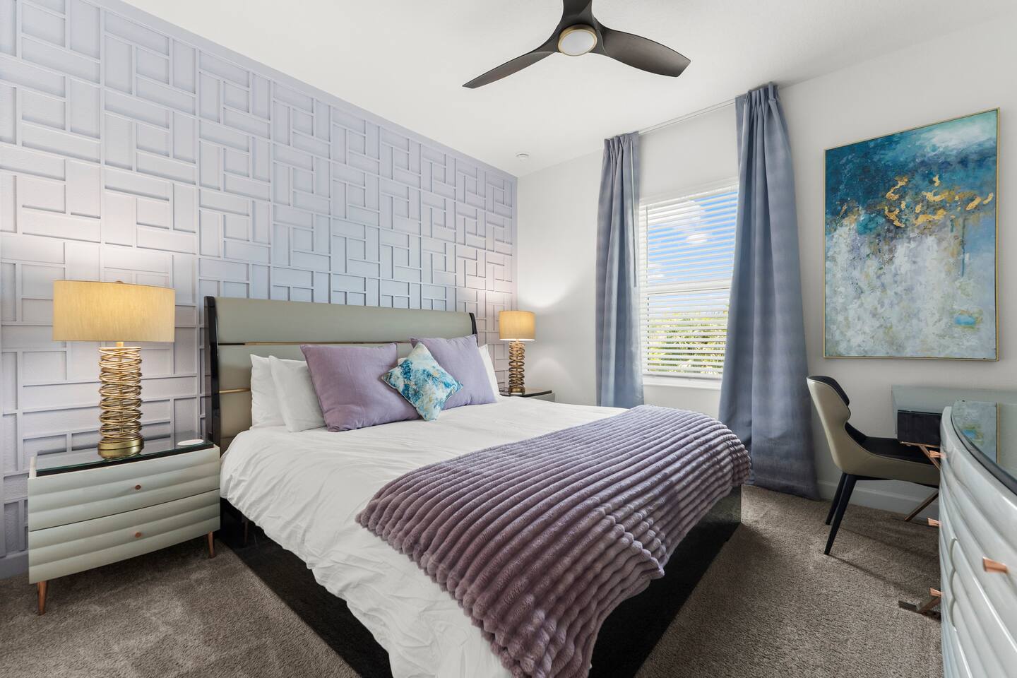 Stylish, light-filled bedroom with luxe accents and a cozy retreat feel