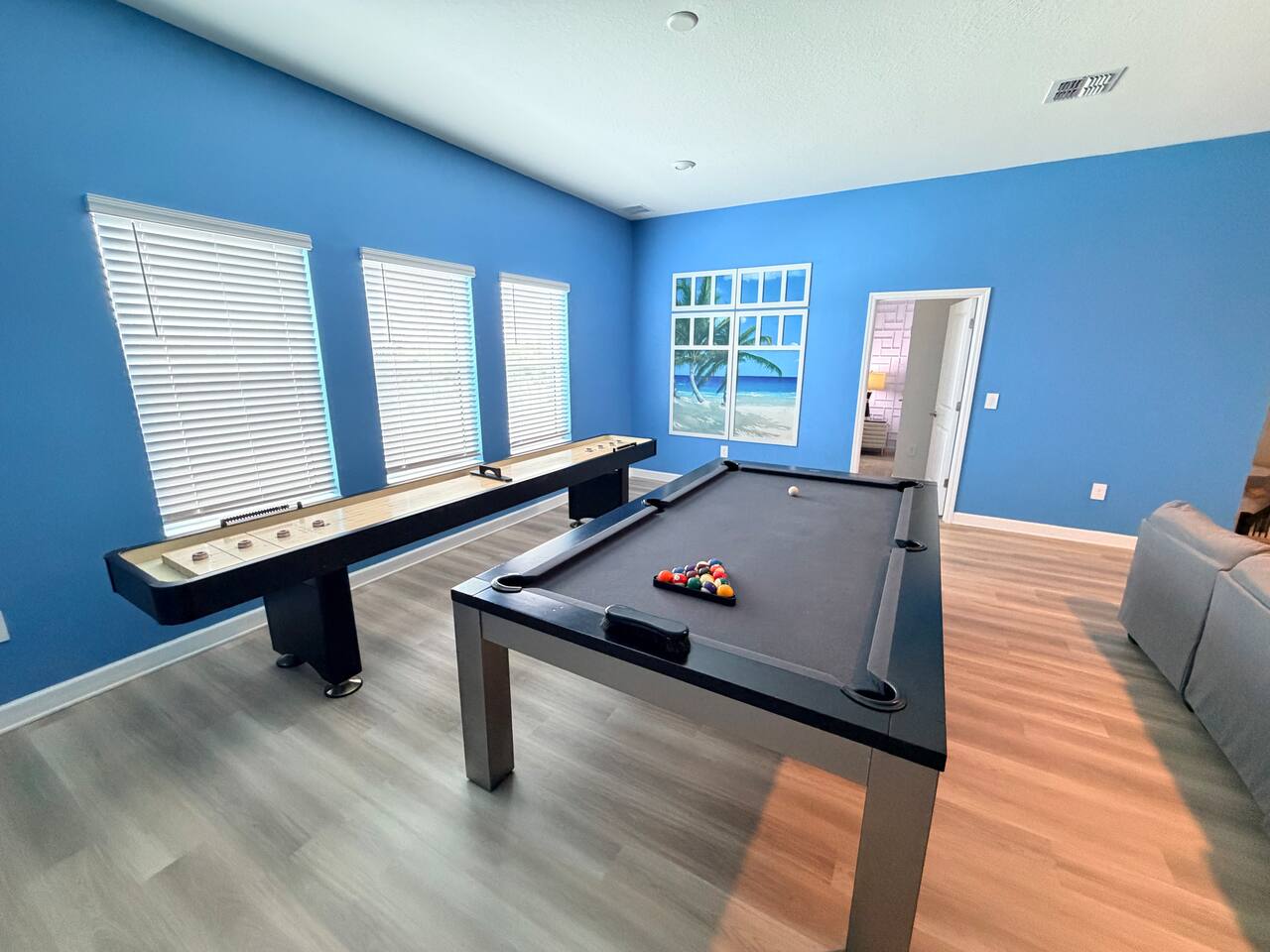 Bright game room with pool table, shuffleboard, and lots of natural light