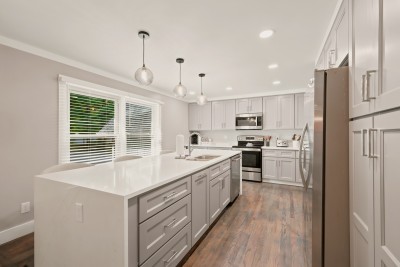 The fully remodeled kitchen has a long island that seats 4, stainless appliances and a new dishwasher, plus a blender, toaster, drip and K-Cup coffee makers. There is plenty of counter space to prep big breakfasts and dinners for a group of 16