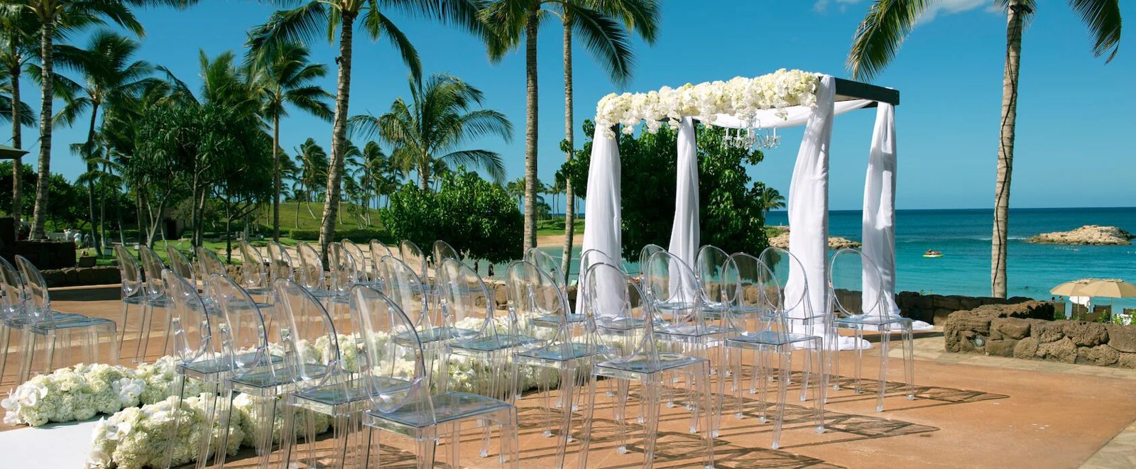 Elegant oceanfront ceremony space with palm trees and stunning beach views