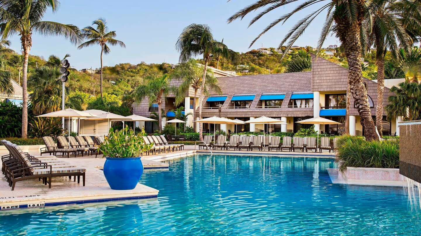 Resort-style pool oasis with palm trees, loungers, and tropical views