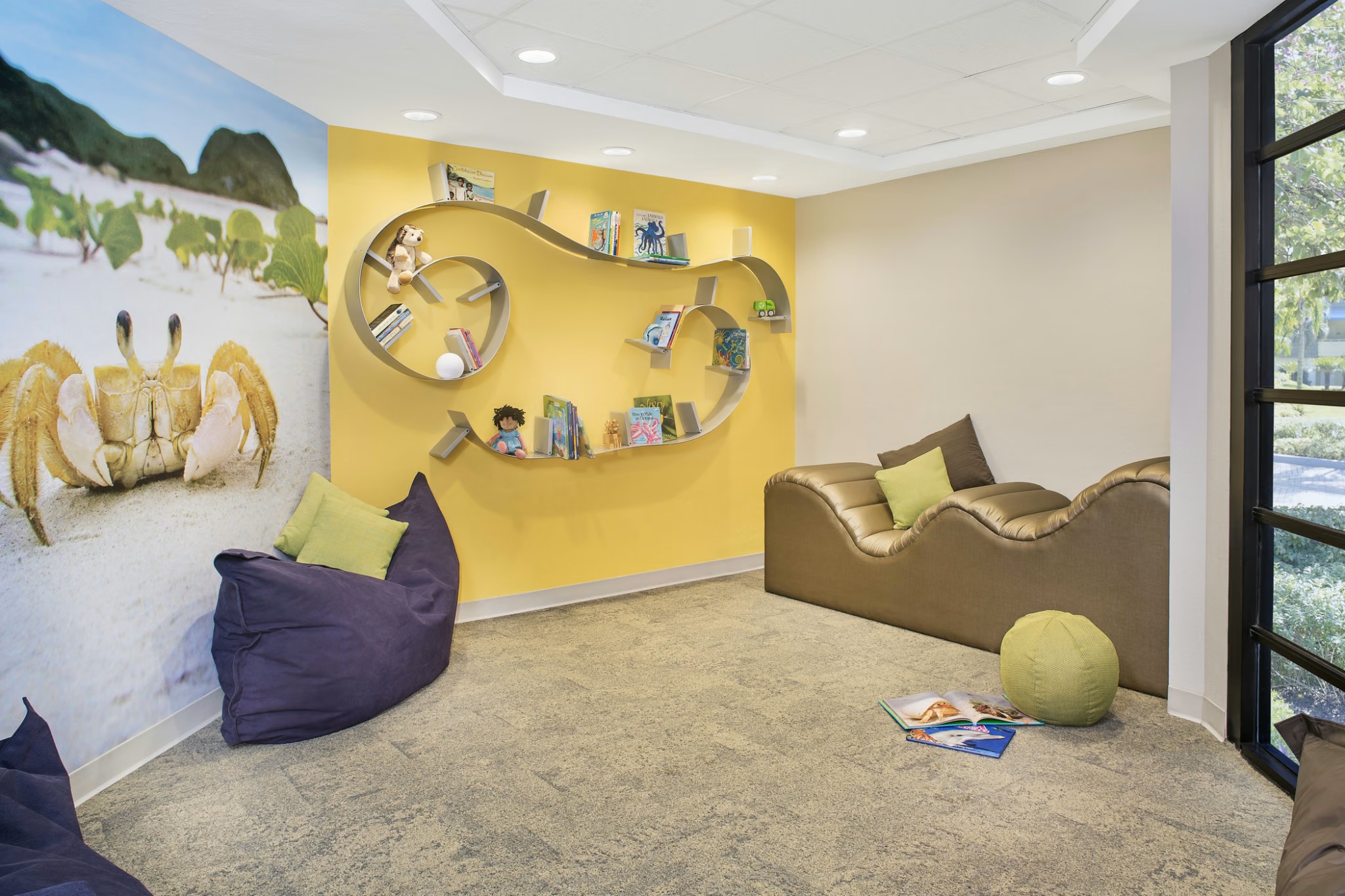 Bright kids’ reading nook with playful seating and cheerful design