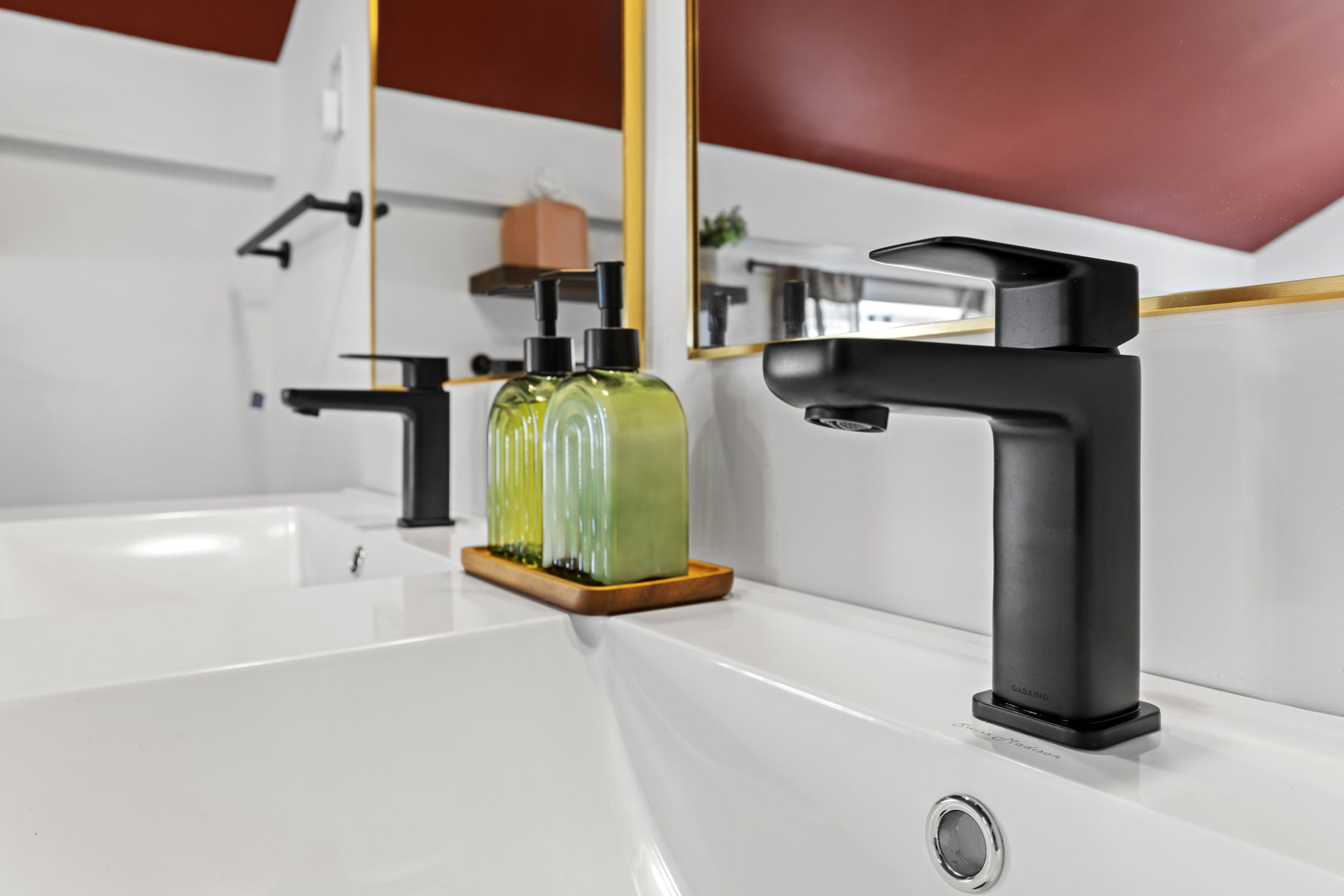 Modern double vanity with sleek black fixtures and designer touches