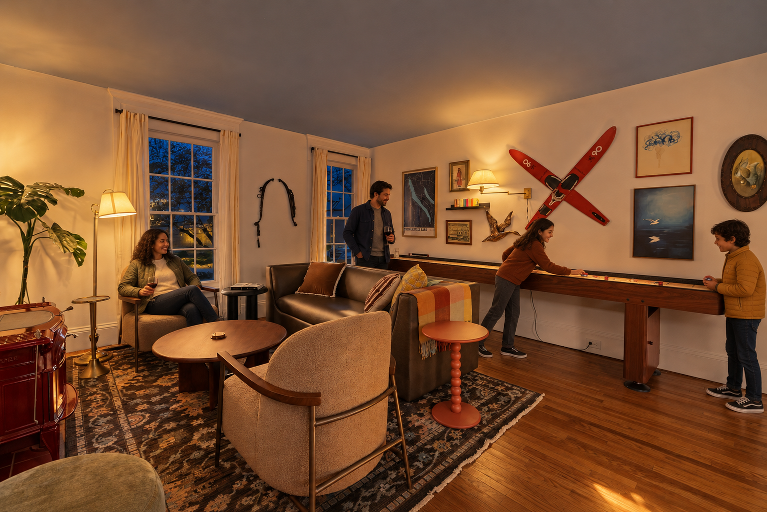 Cozy lounge with shuffleboard, stylish decor, and room to gather