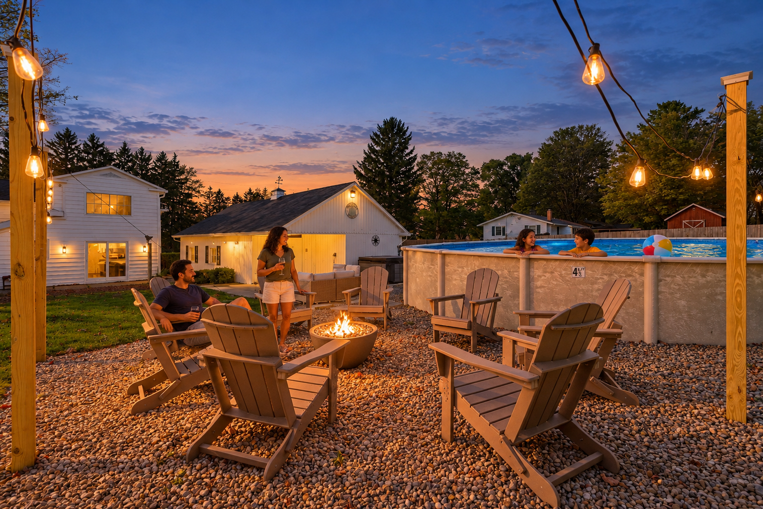 Cozy fire pit patio with string lights and pool at sunset