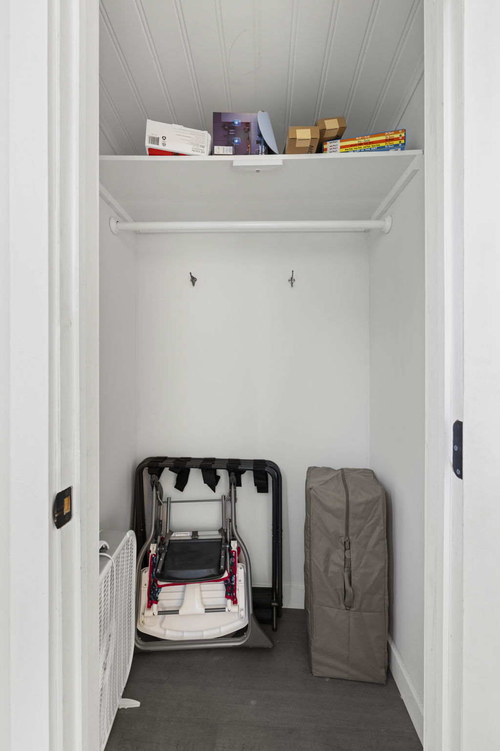 Handy storage closet with shelf space for luggage and extra gear