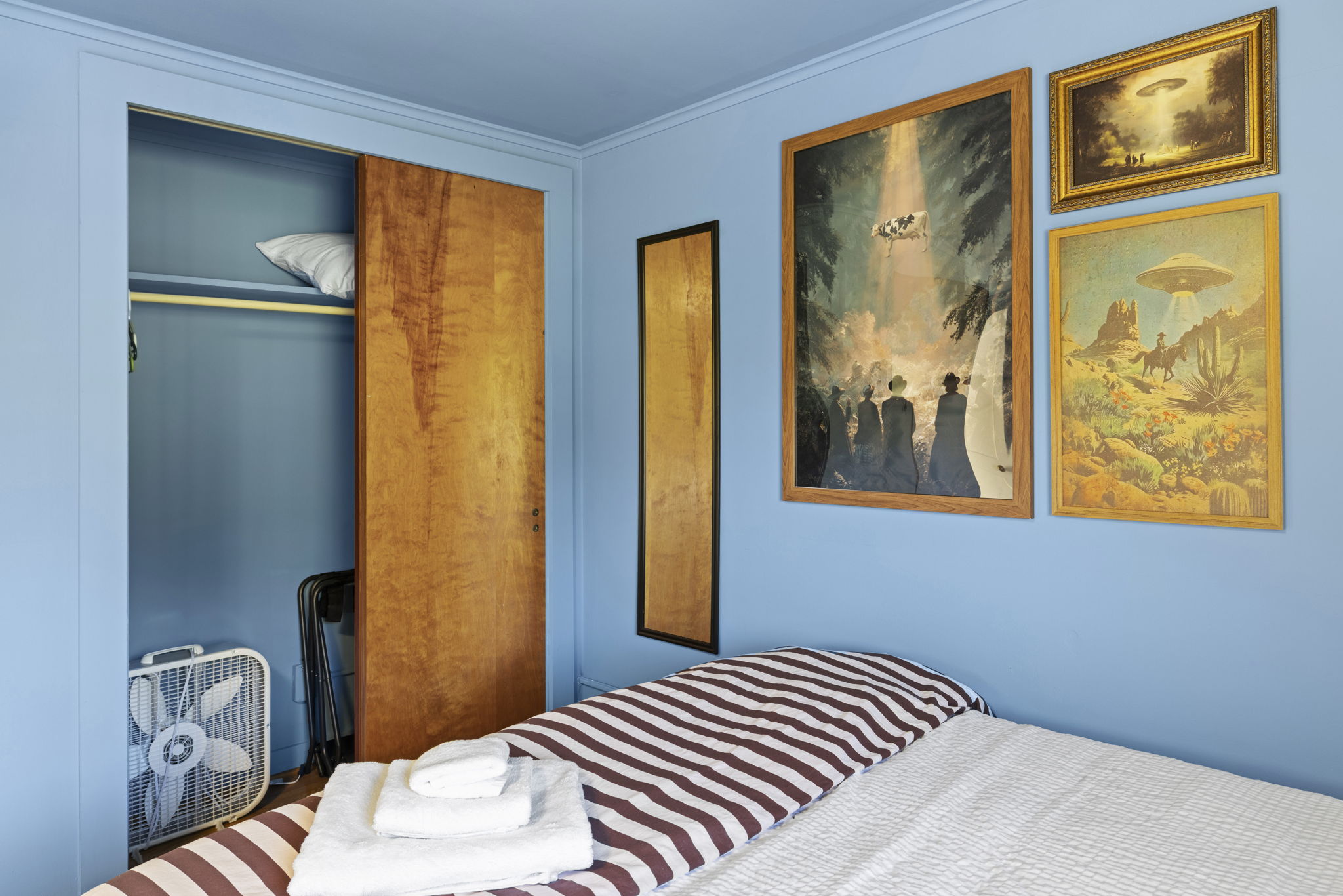 Cozy blue bedroom with closet, mirror, and unique artwork