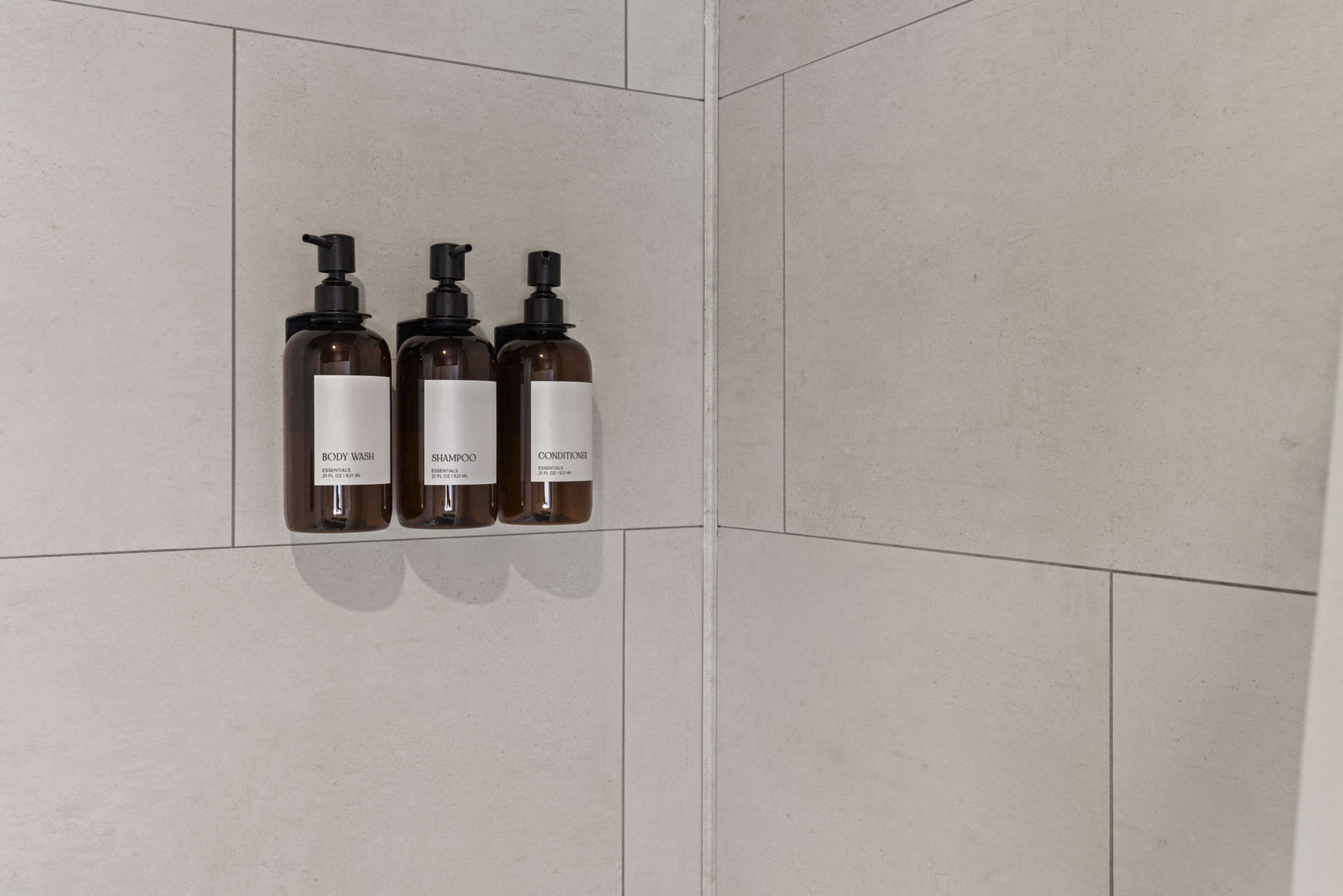 Spa-style shower with premium shampoo, conditioner, and body wash