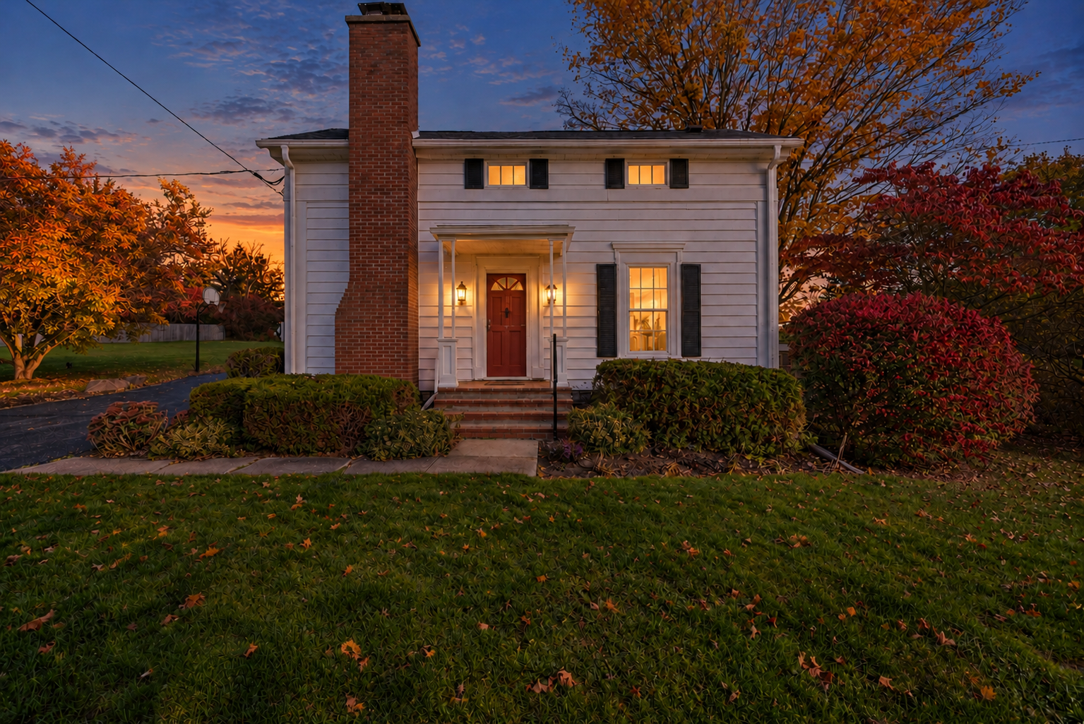 Charming twilight exterior with warm lighting and beautiful seasonal curb appeal