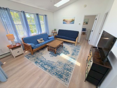 Bright coastal living room with skylight, TV, and cozy seating