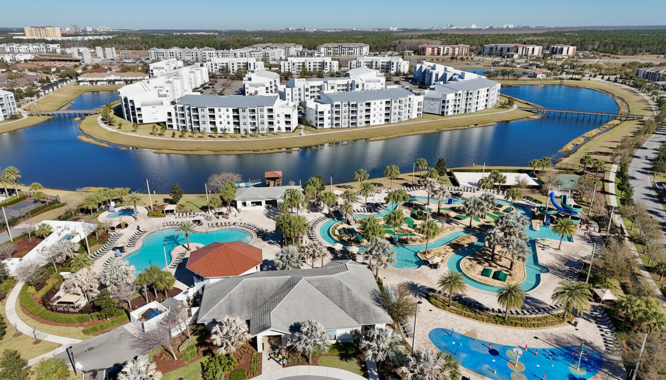 Resort-style pools, slides, and scenic lagoon views in a modern community
