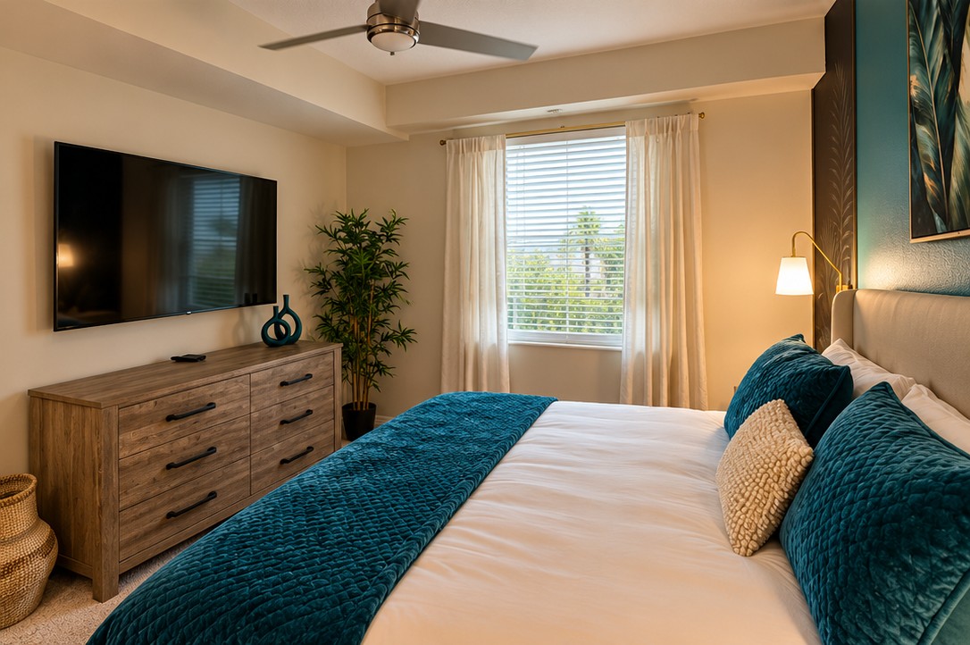 Bright, stylish bedroom with TV, natural light, and serene window views