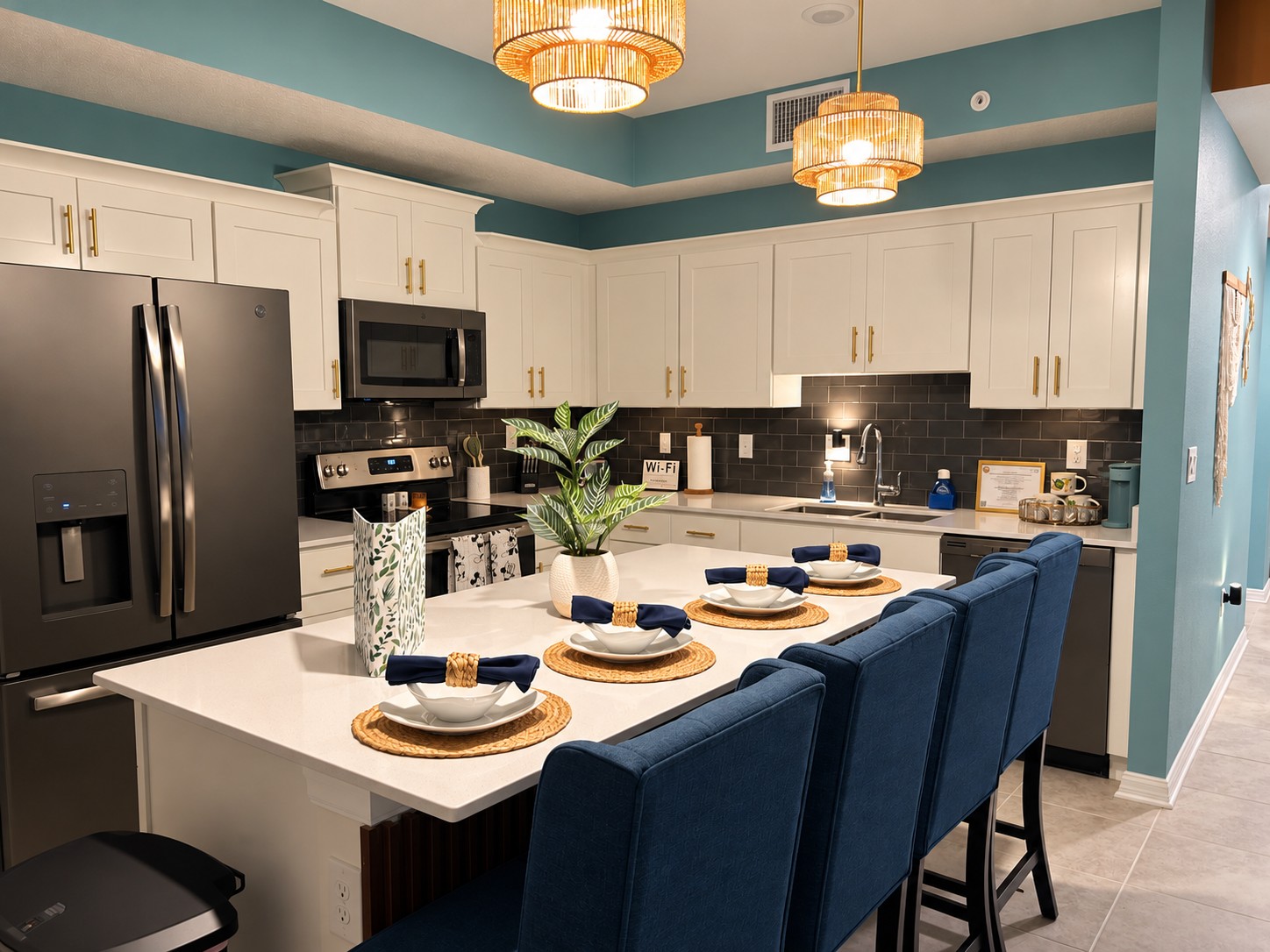 Stylish chef’s kitchen with island seating for 5 and elegant modern finishes