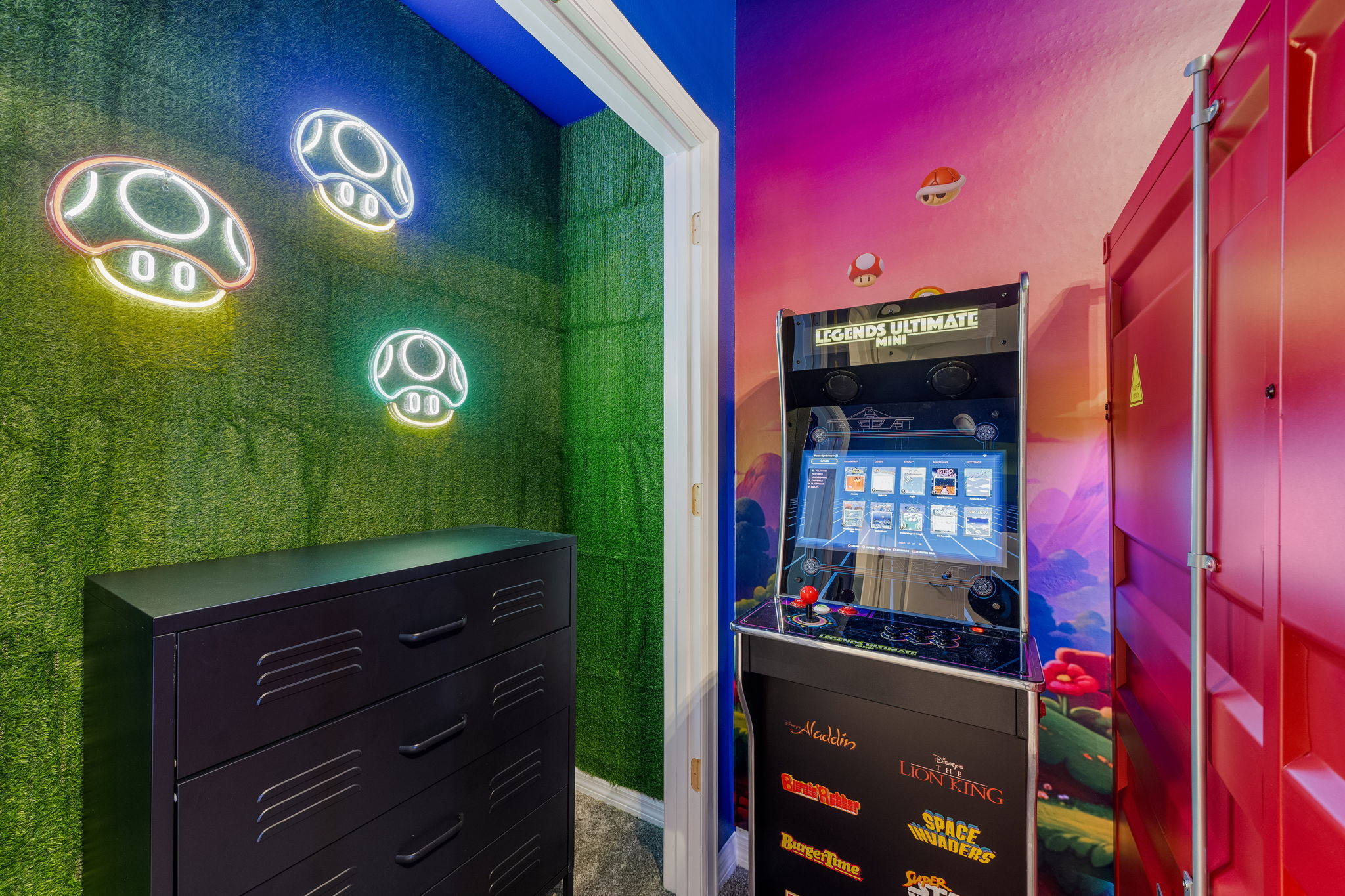 Playful arcade nook with neon accents and colorful gamer-inspired style