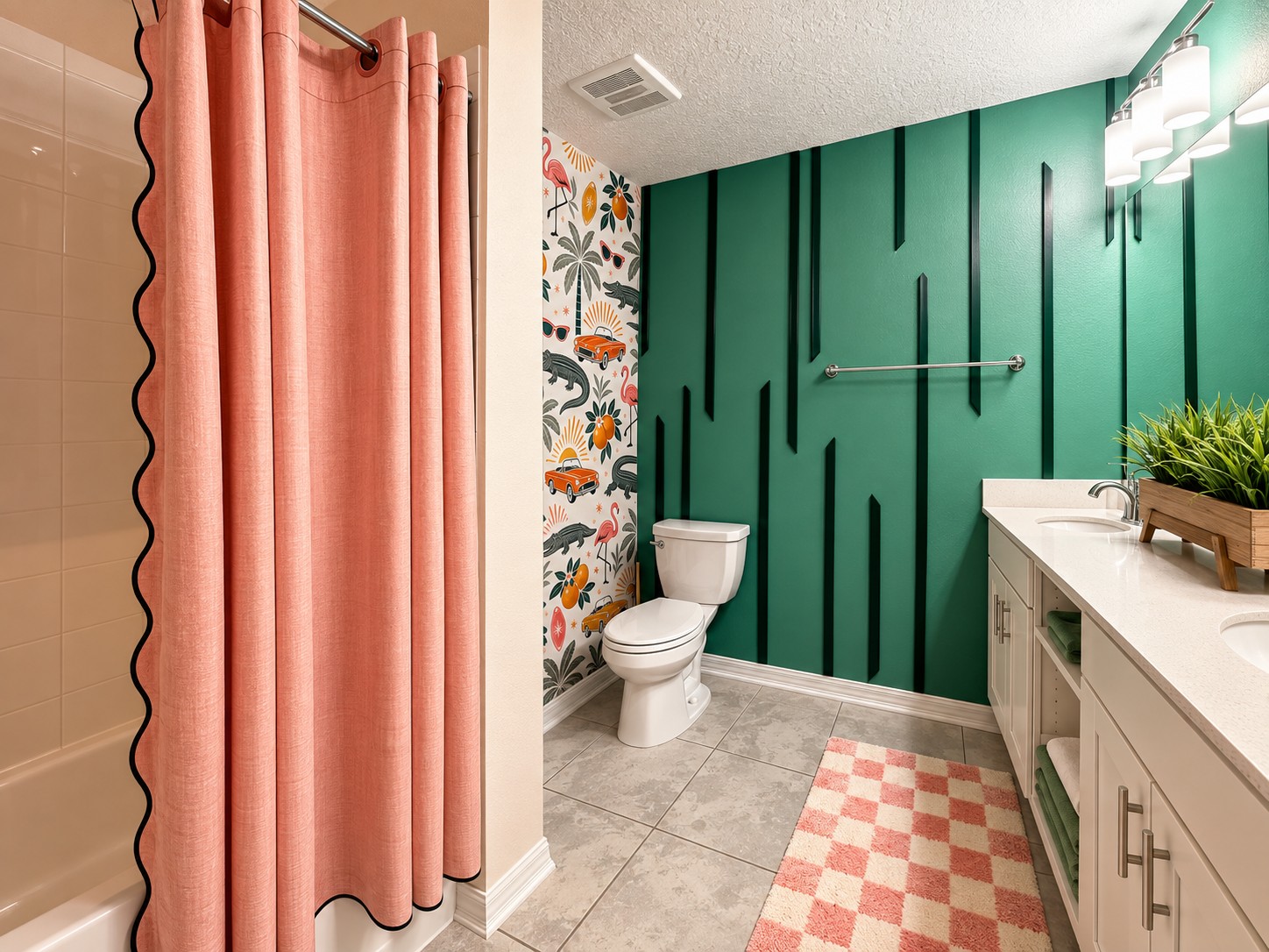 Playful designer bathroom with double vanity and bold modern style