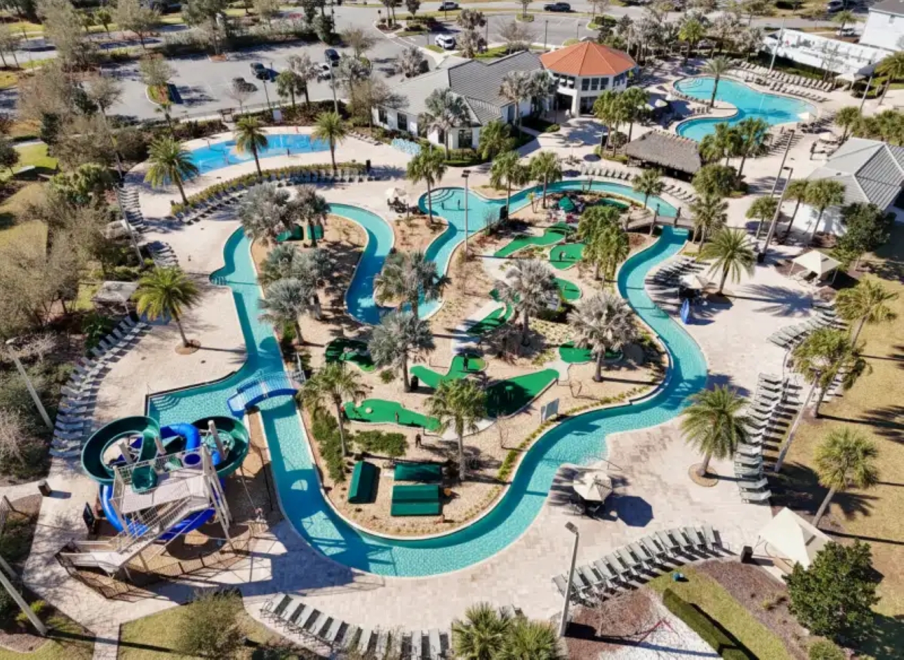 Resort-style lazy river, pools, mini golf & tropical lounge areas