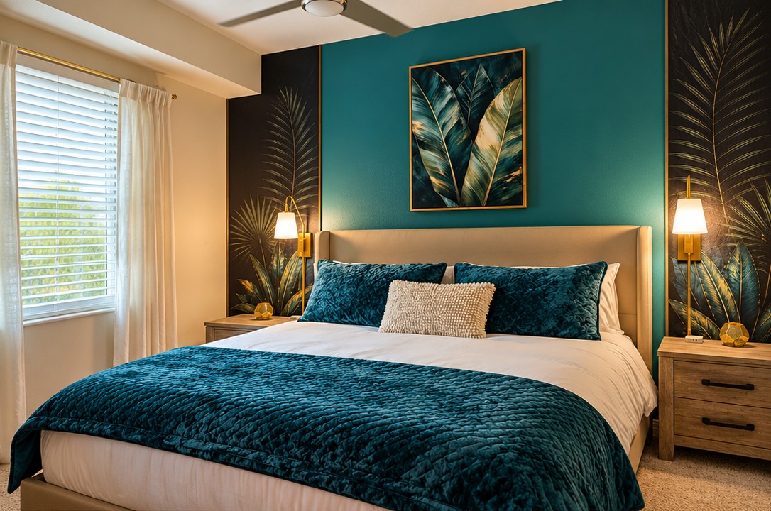 Stylish king bedroom with bold teal accents and boutique hotel vibes