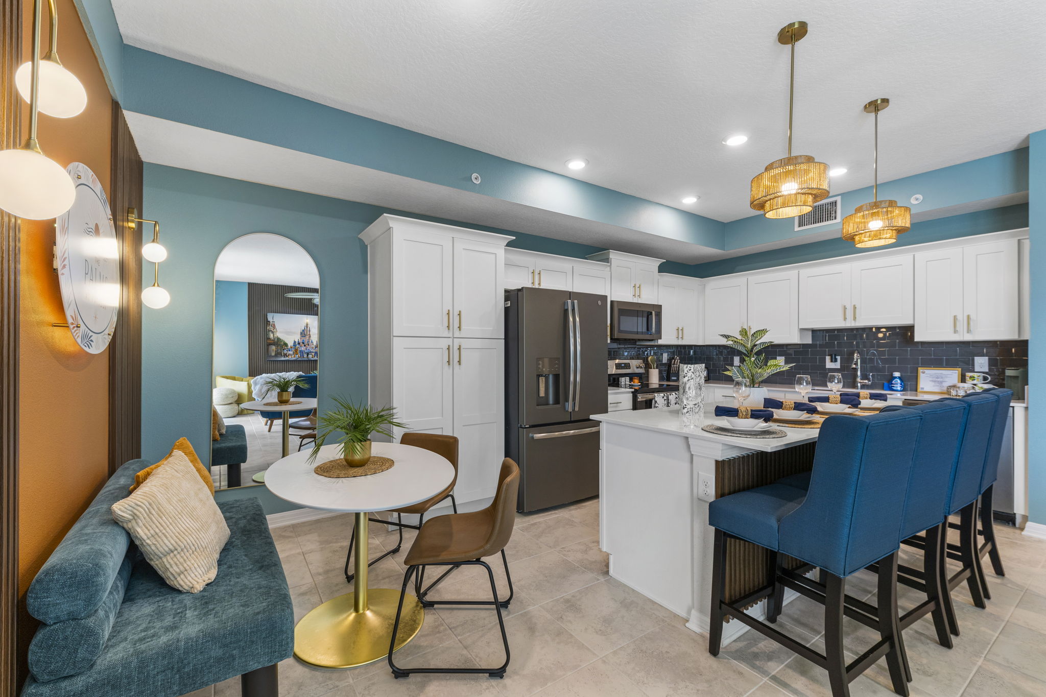Stylish chef’s kitchen with island seating and chic breakfast nook