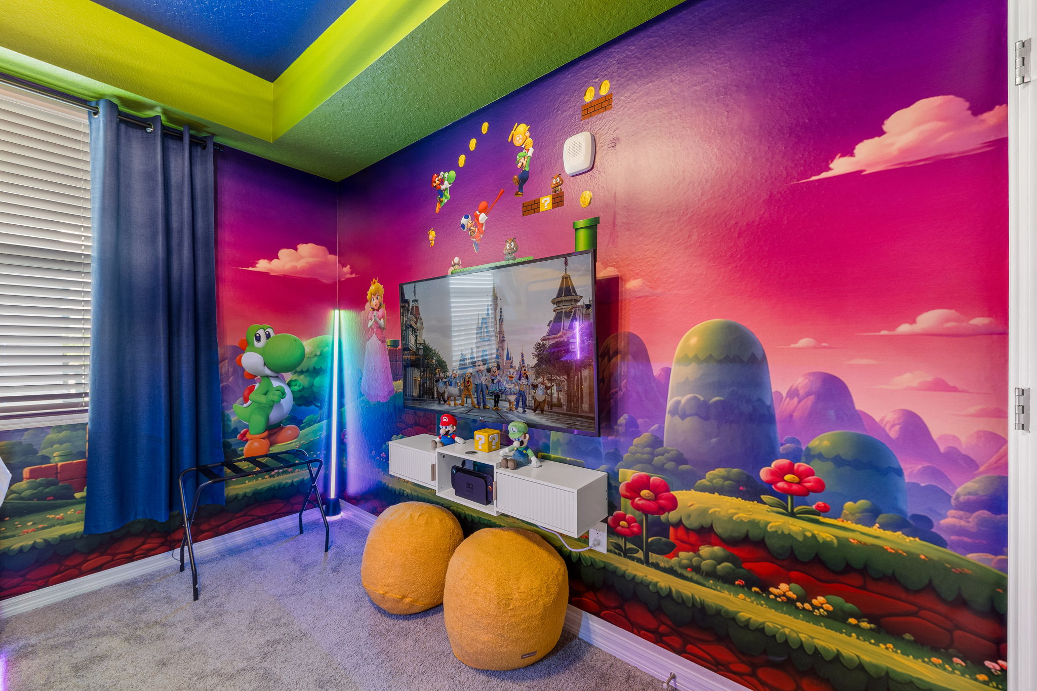 Vibrant Mario-themed game room with TV and playful family-friendly decor