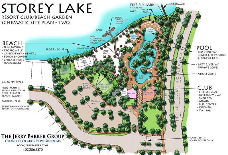 Amenity-packed resort map with beach, pool, lazy river, and clubhouse fun
