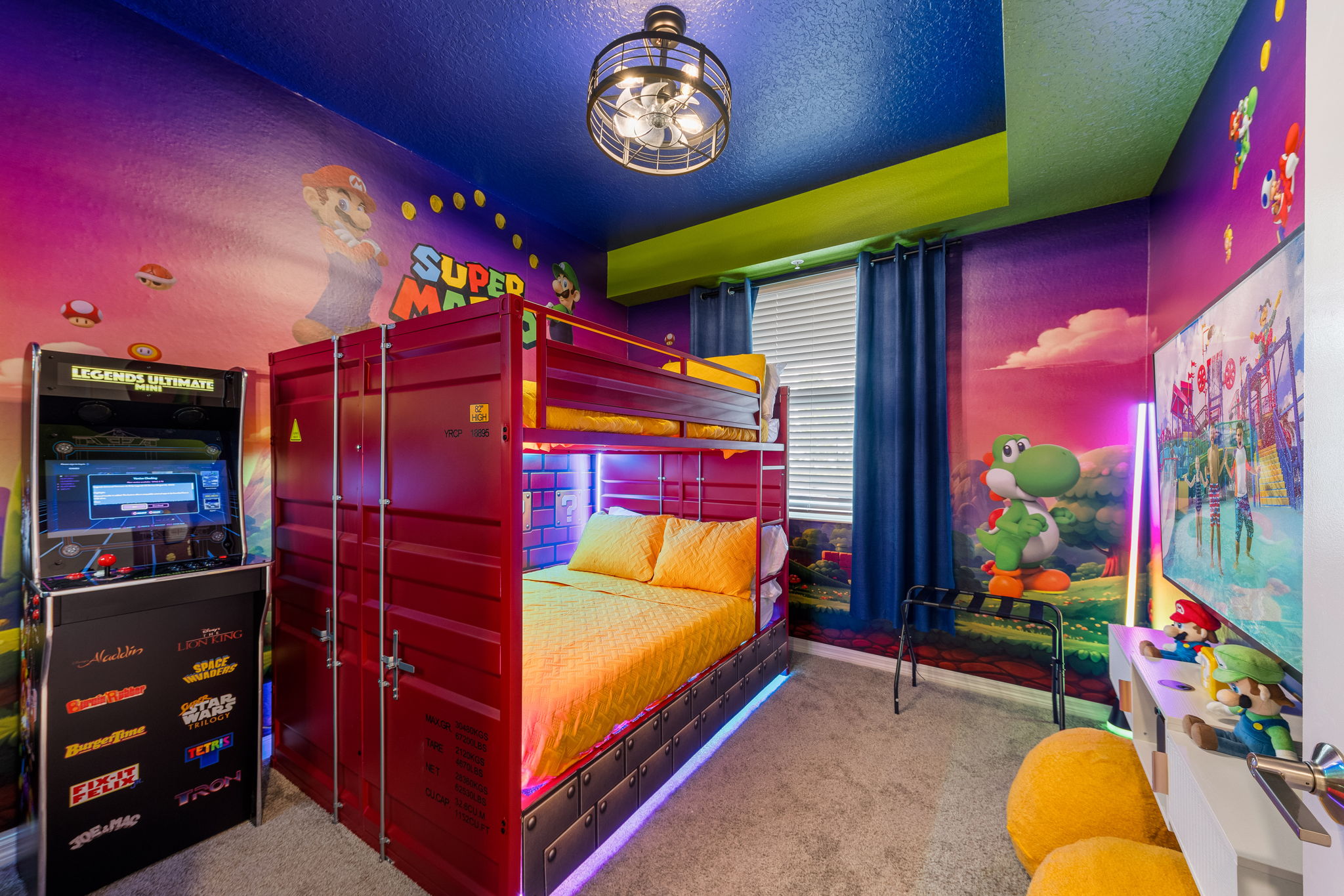 Epic Mario-themed bunk room with arcade fun and colorful LED glow
