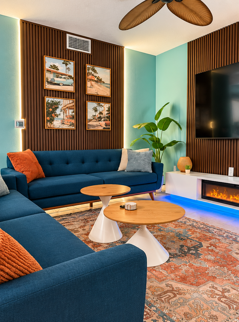Stylish lounge with blue sectional, fireplace, and large TV