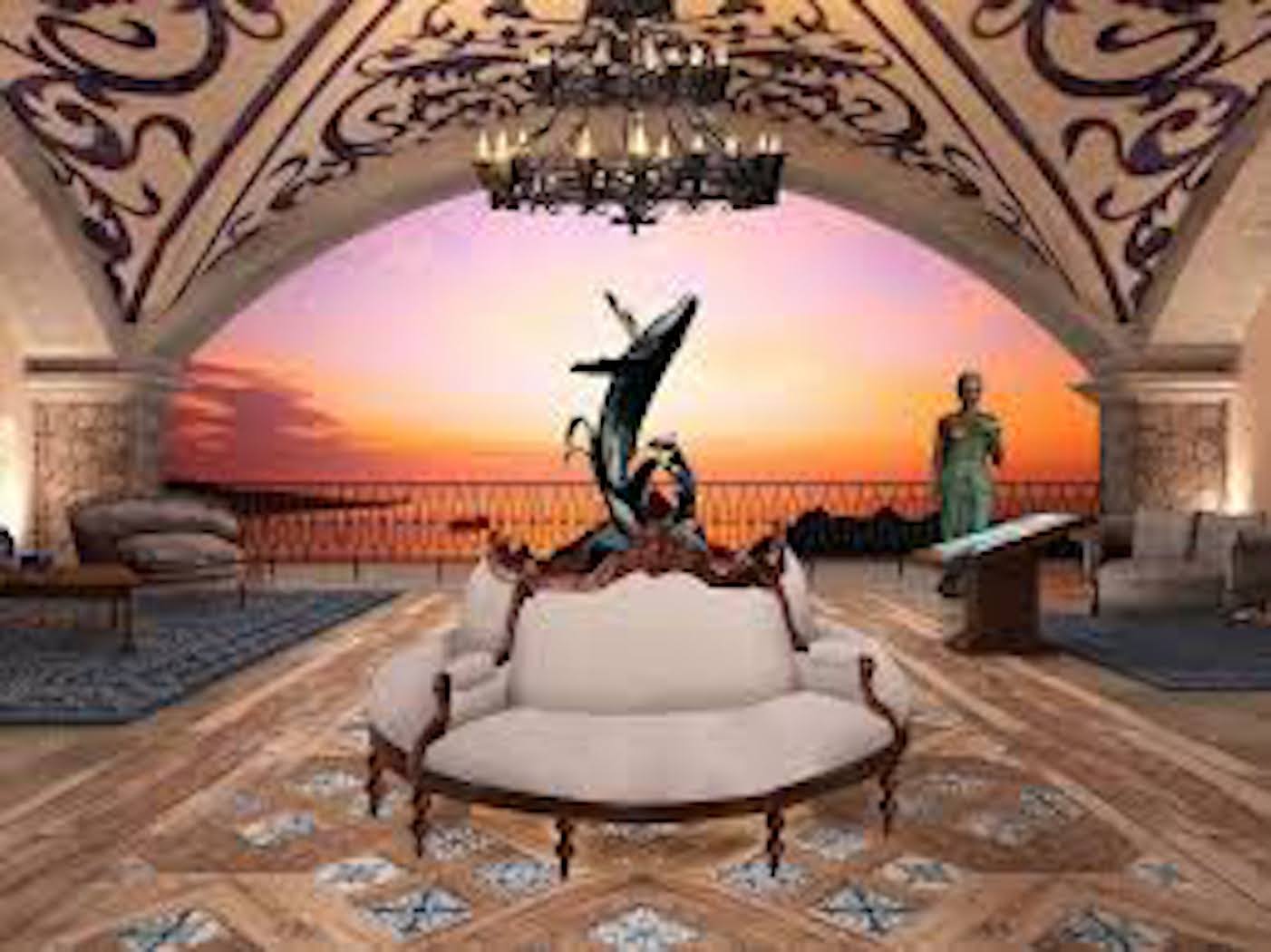 Grand sunset-view lounge with ornate architecture and oceanfront elegance