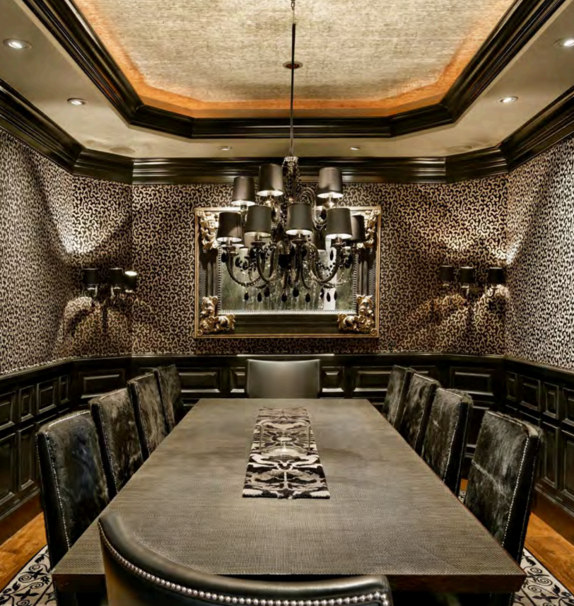 Elegant formal dining room with luxe finishes and statement chandelier